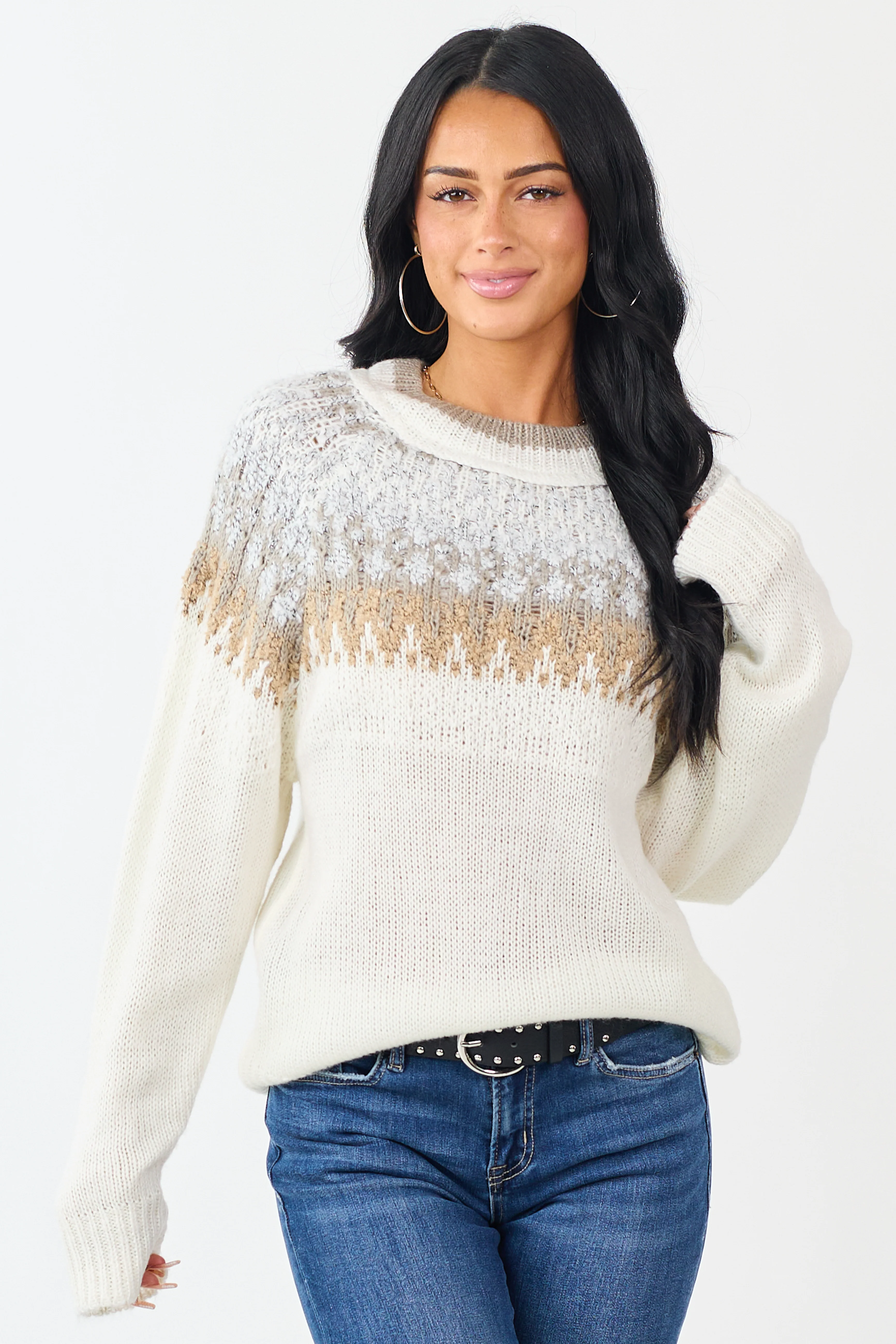 Cream Abstract Print Long Sleeve Knit Sweater