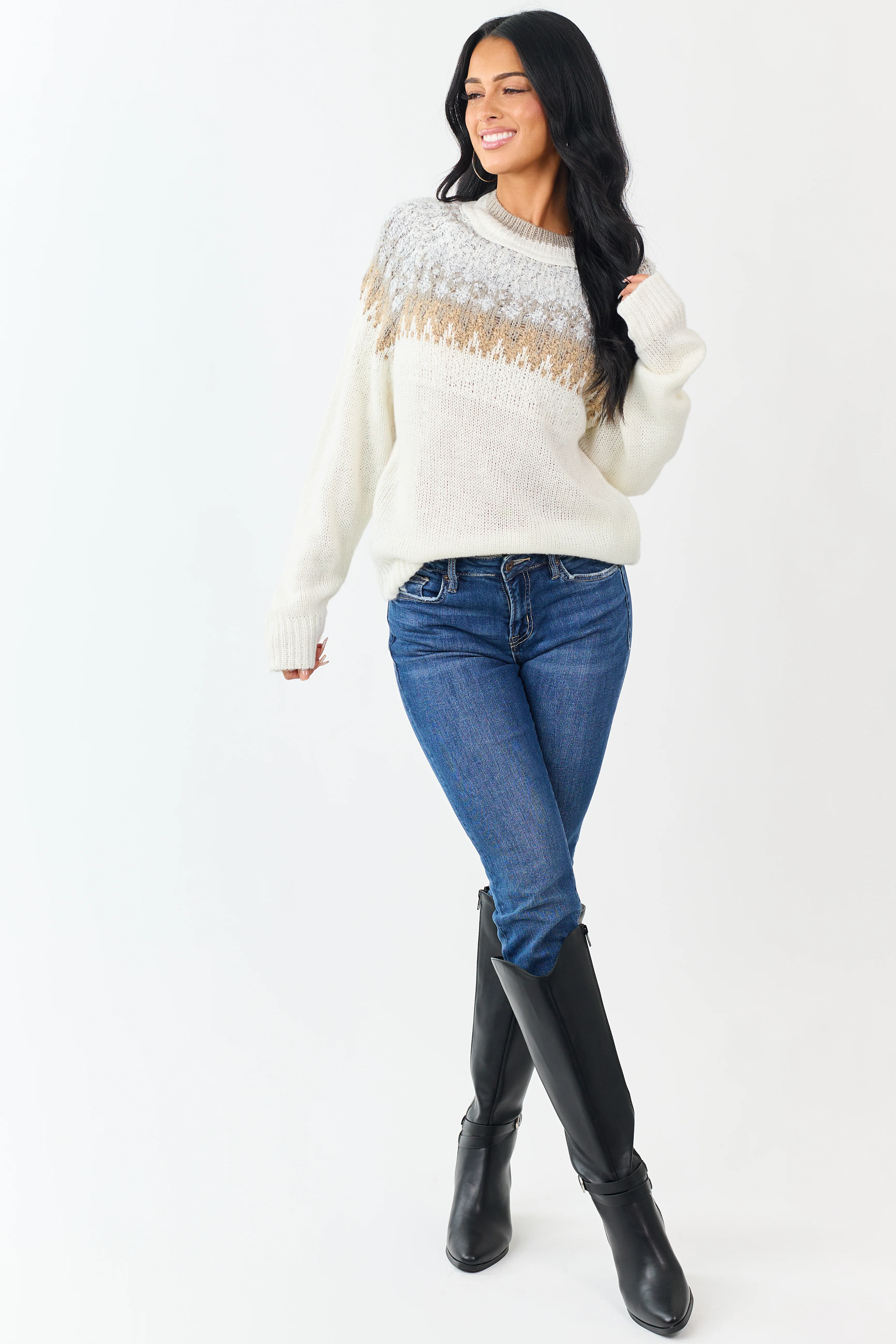 Cream Abstract Print Long Sleeve Knit Sweater - Image 2
