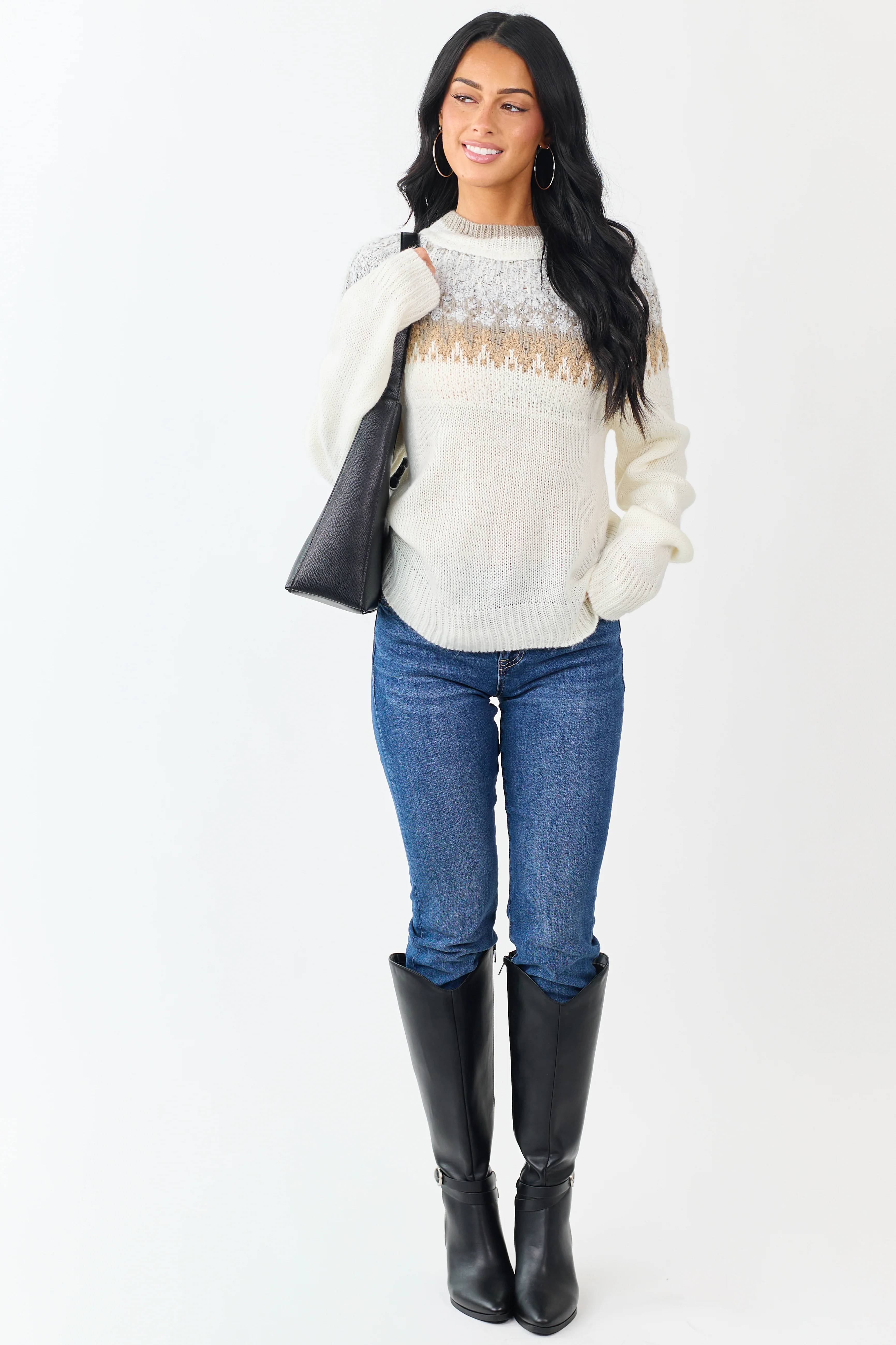 Cream Abstract Print Long Sleeve Knit Sweater - Image 3