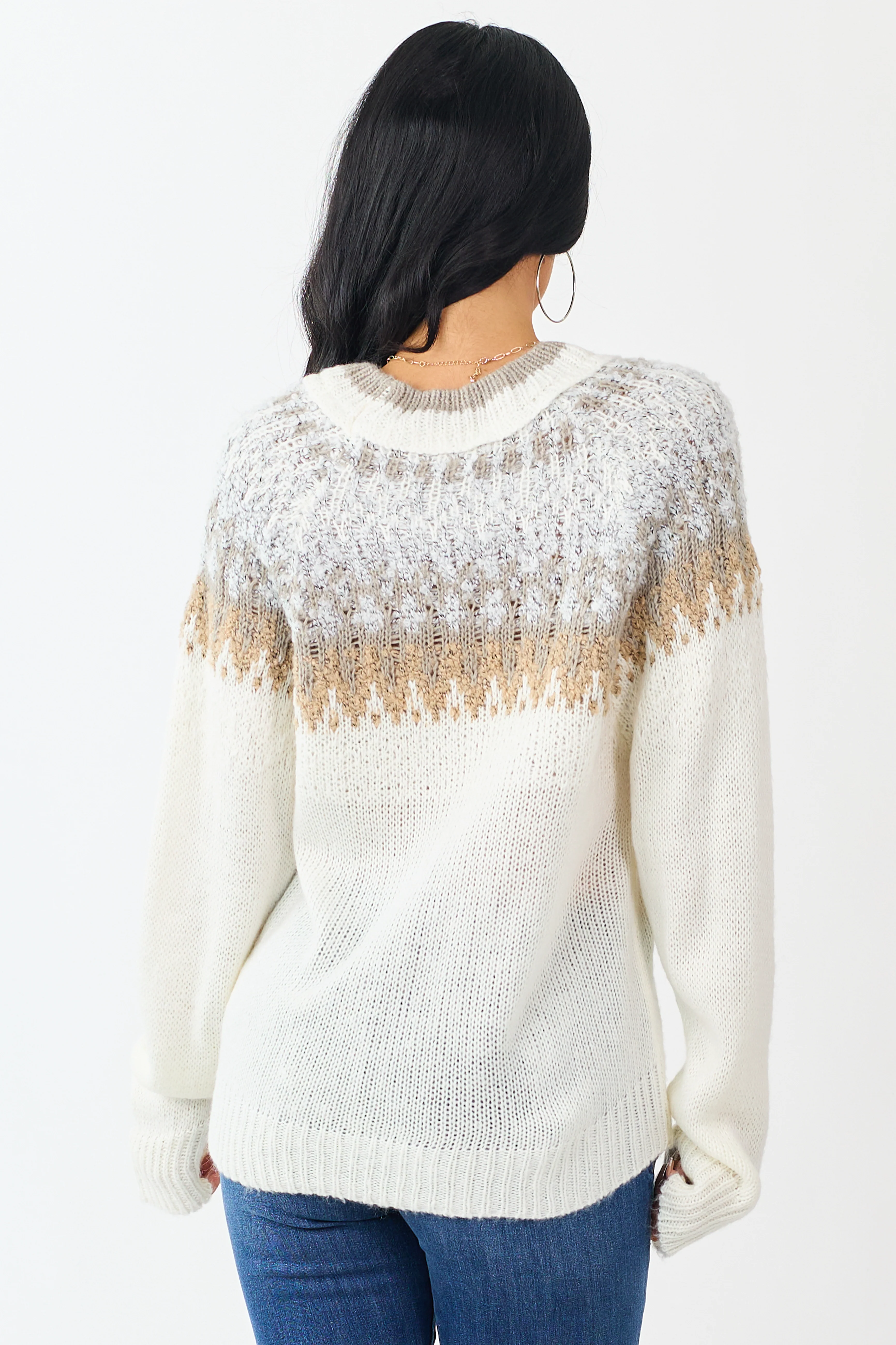 Cream Abstract Print Long Sleeve Knit Sweater - Image 5