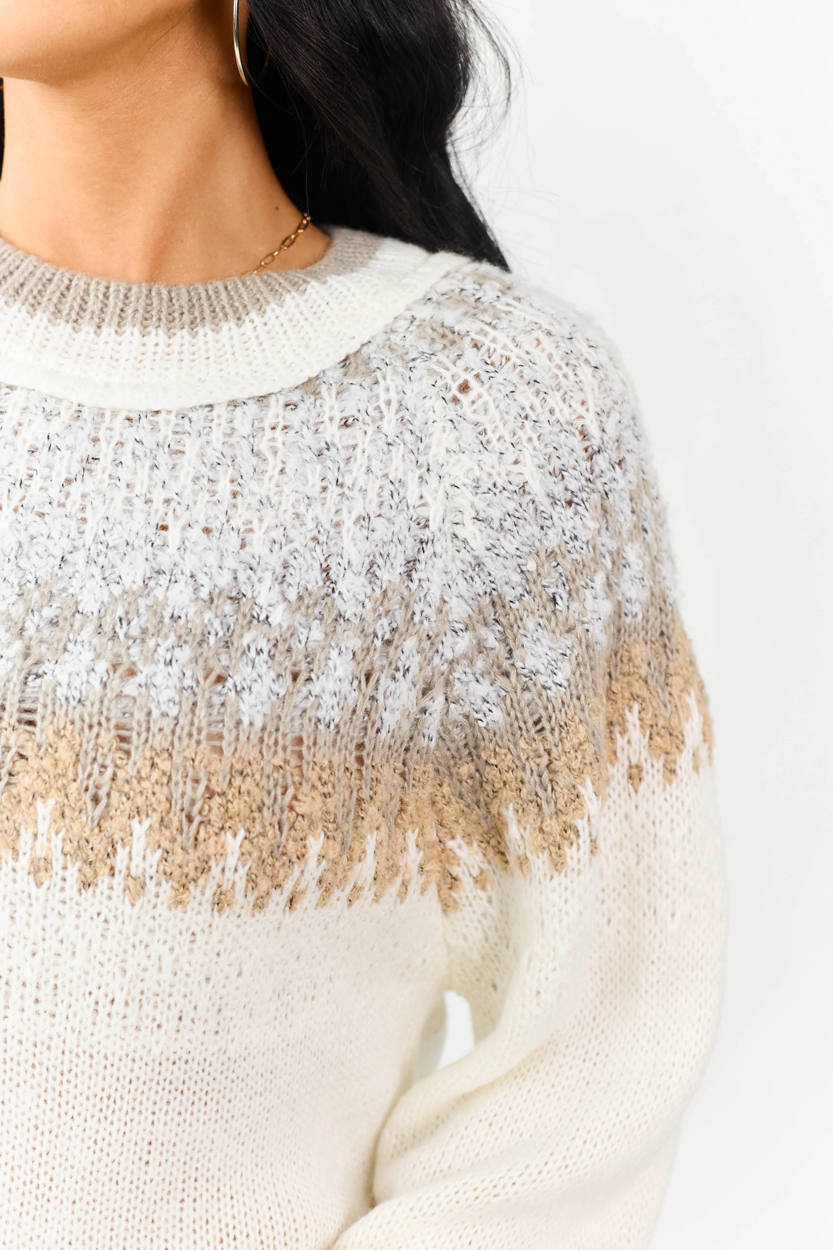 Cream Abstract Print Long Sleeve Knit Sweater - Image 6
