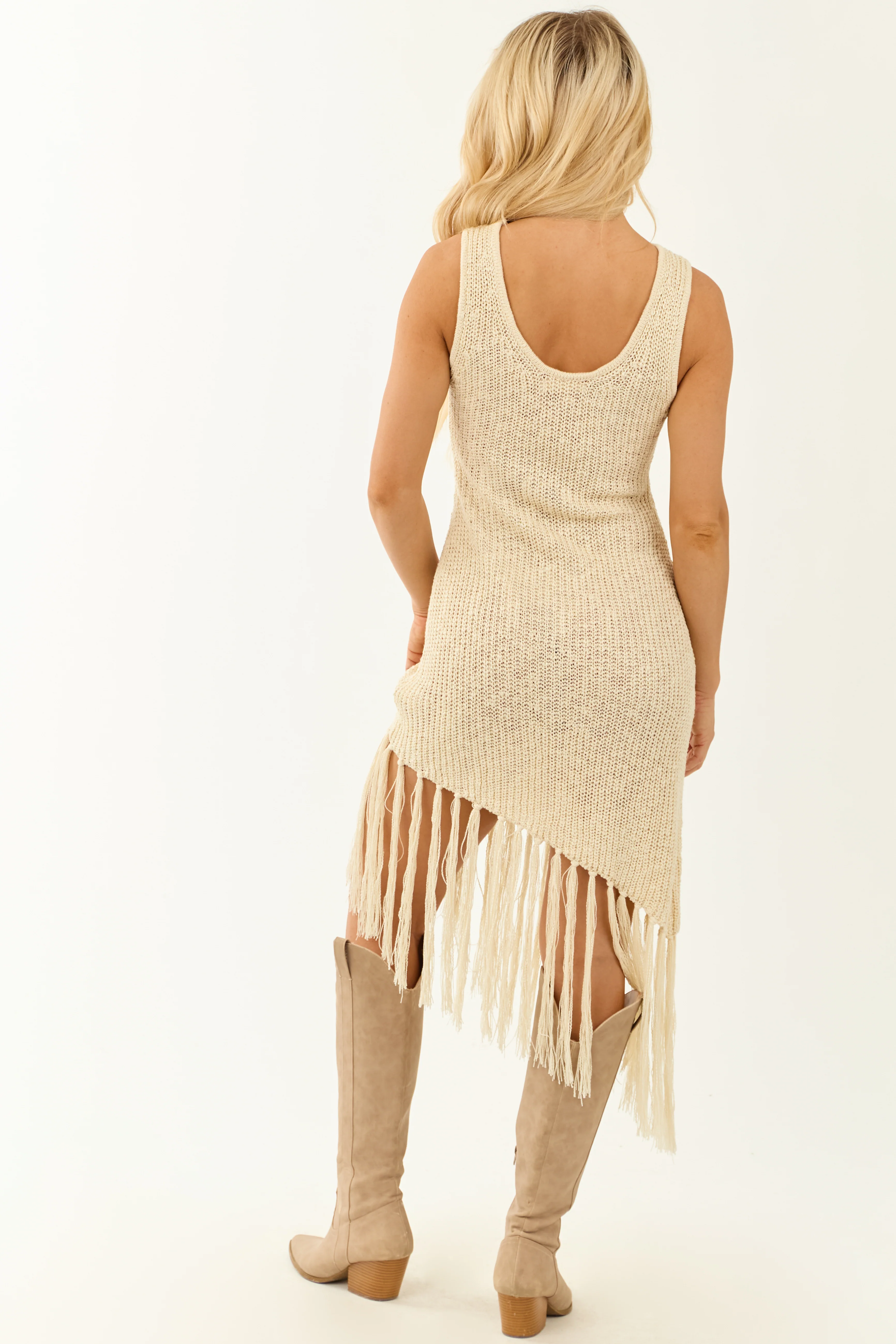 Cream Asymmetrical Tassel Hem Knit Midi Dress - Image 6
