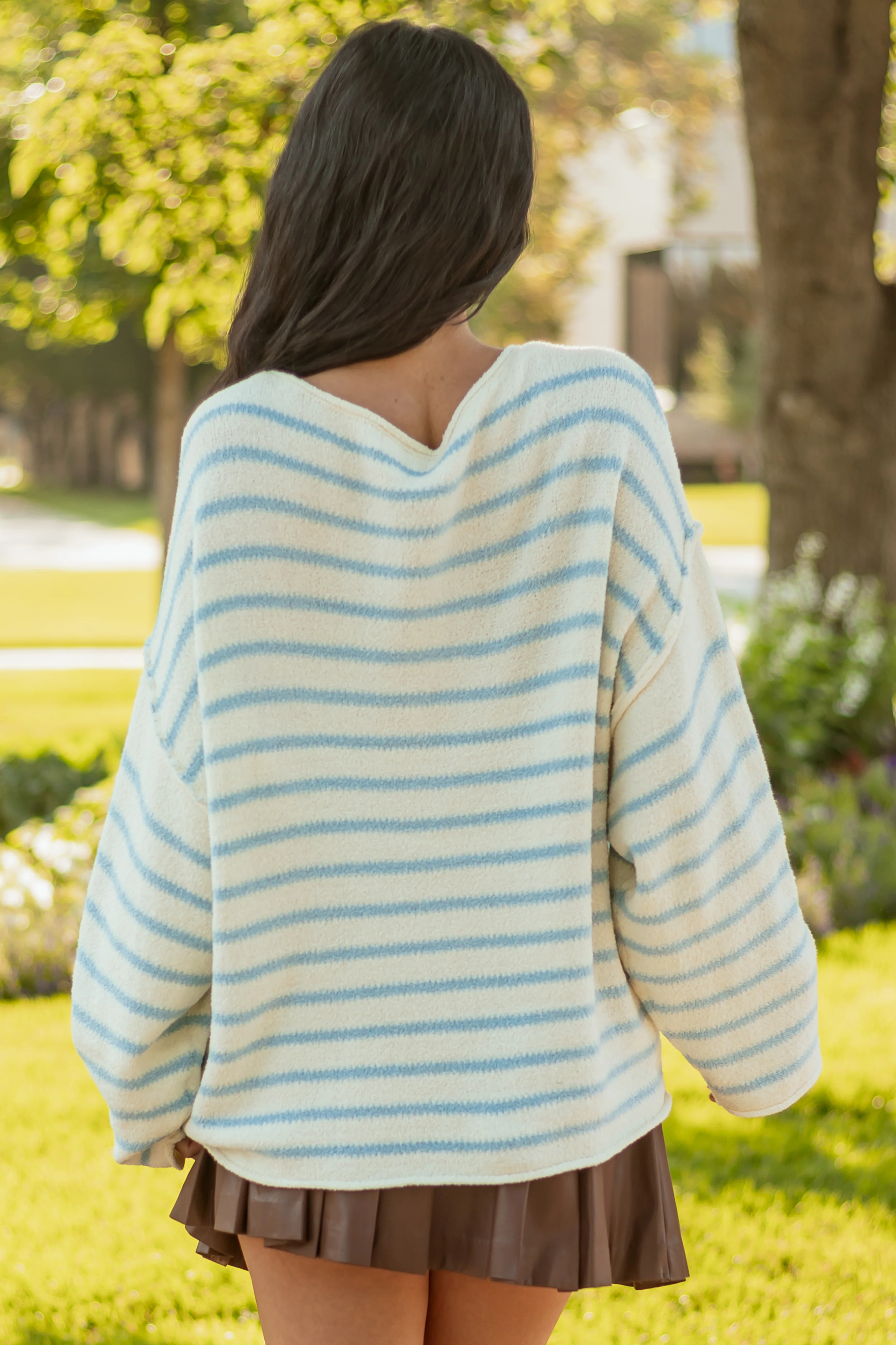 Cream and Baby Blue Striped Relaxed Sweater - Image 3
