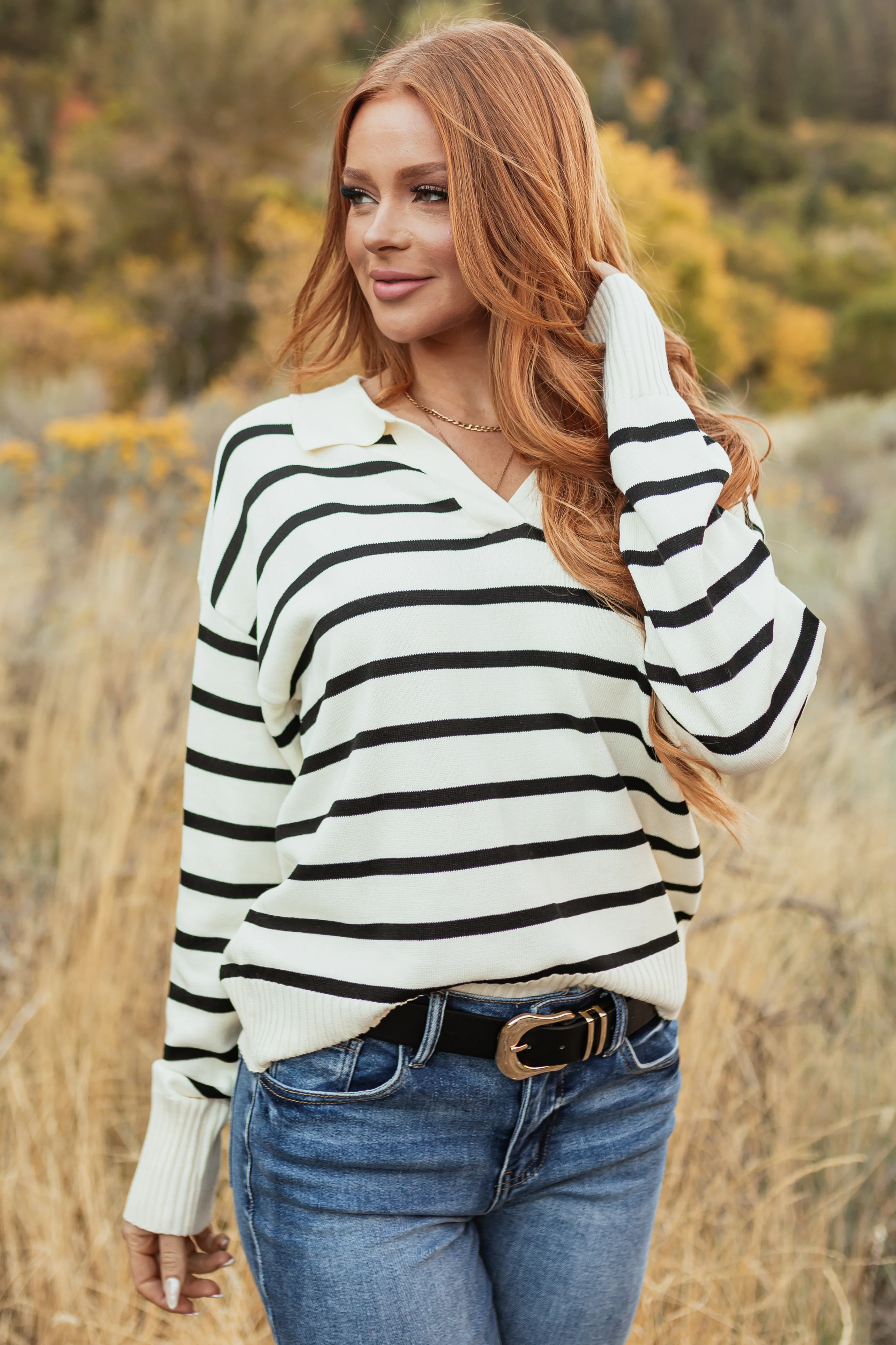 Cream and Black Striped Collared V Neck Sweater - Image 2