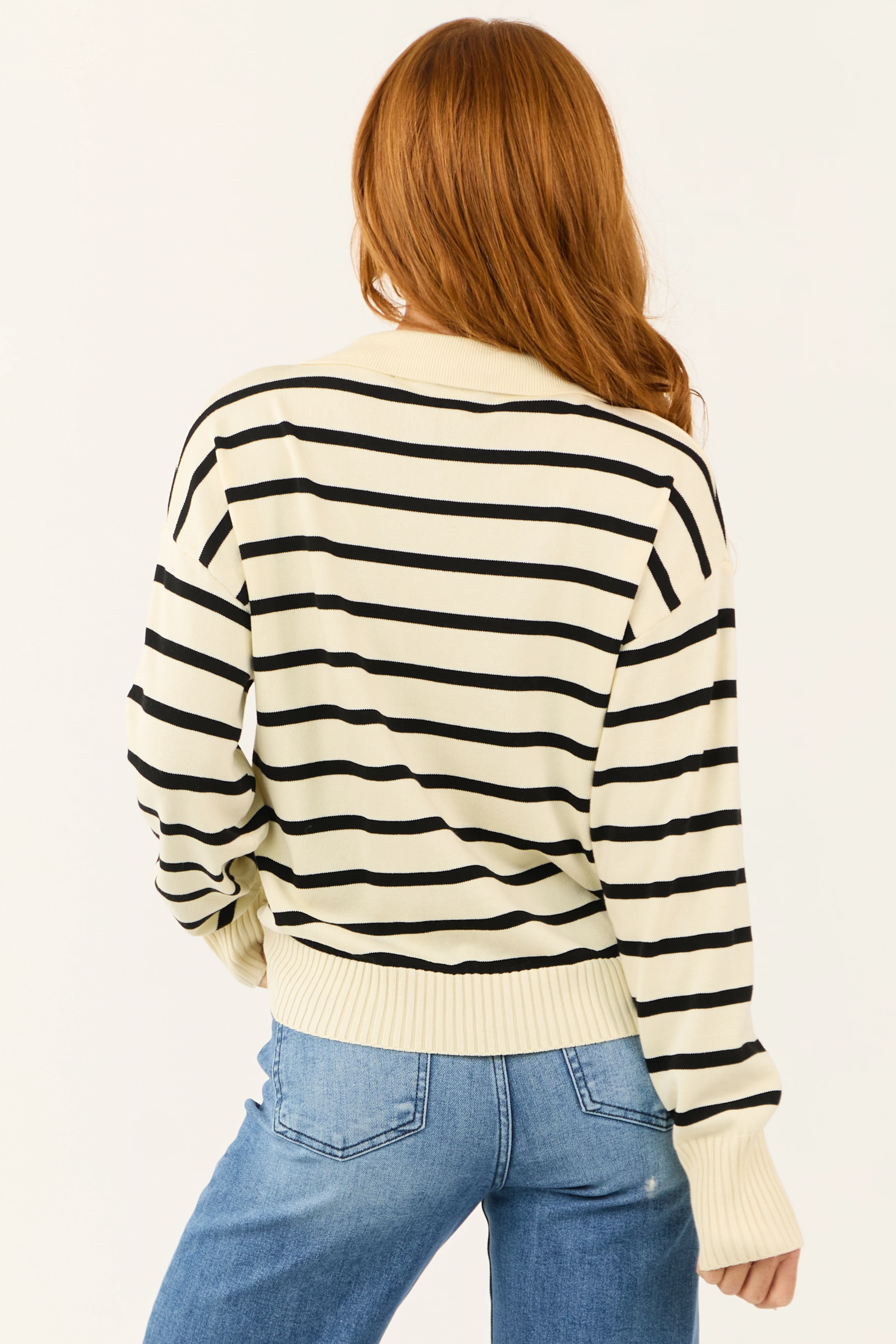 Cream and Black Striped Collared V Neck Sweater - Image 7
