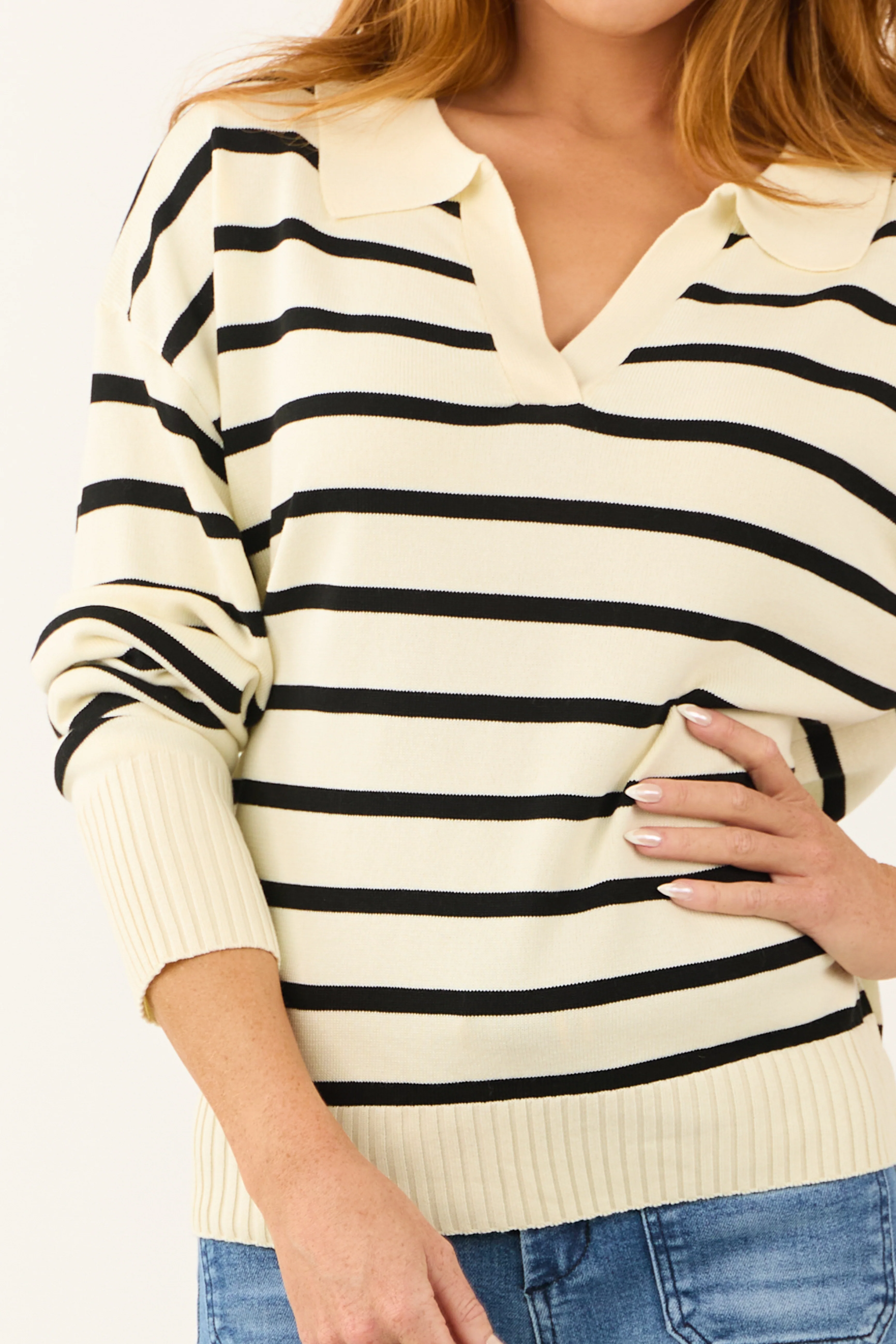 Cream and Black Striped Collared V Neck Sweater - Image 8