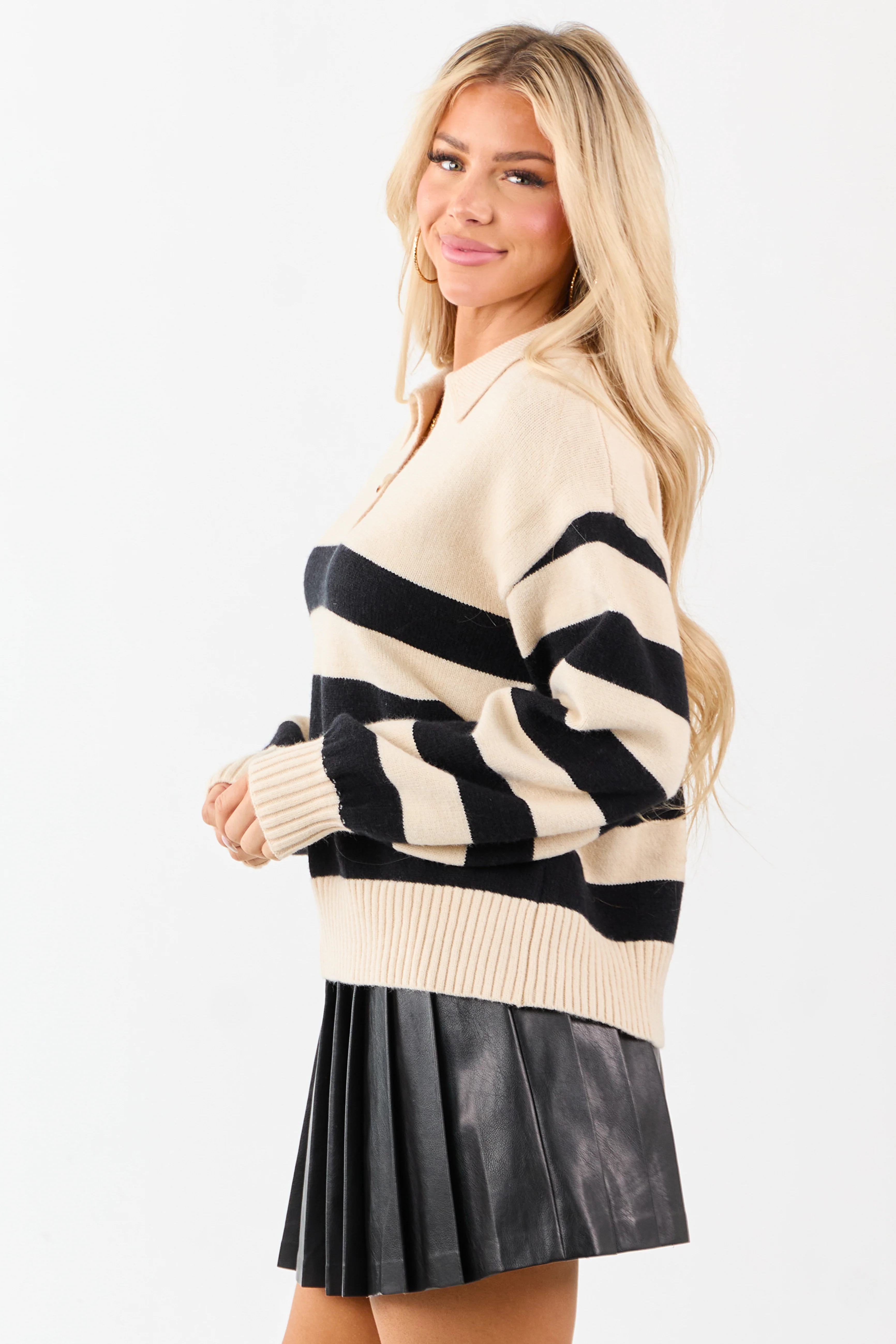 Cream and Black Striped Polo Style Sweater - Image 5