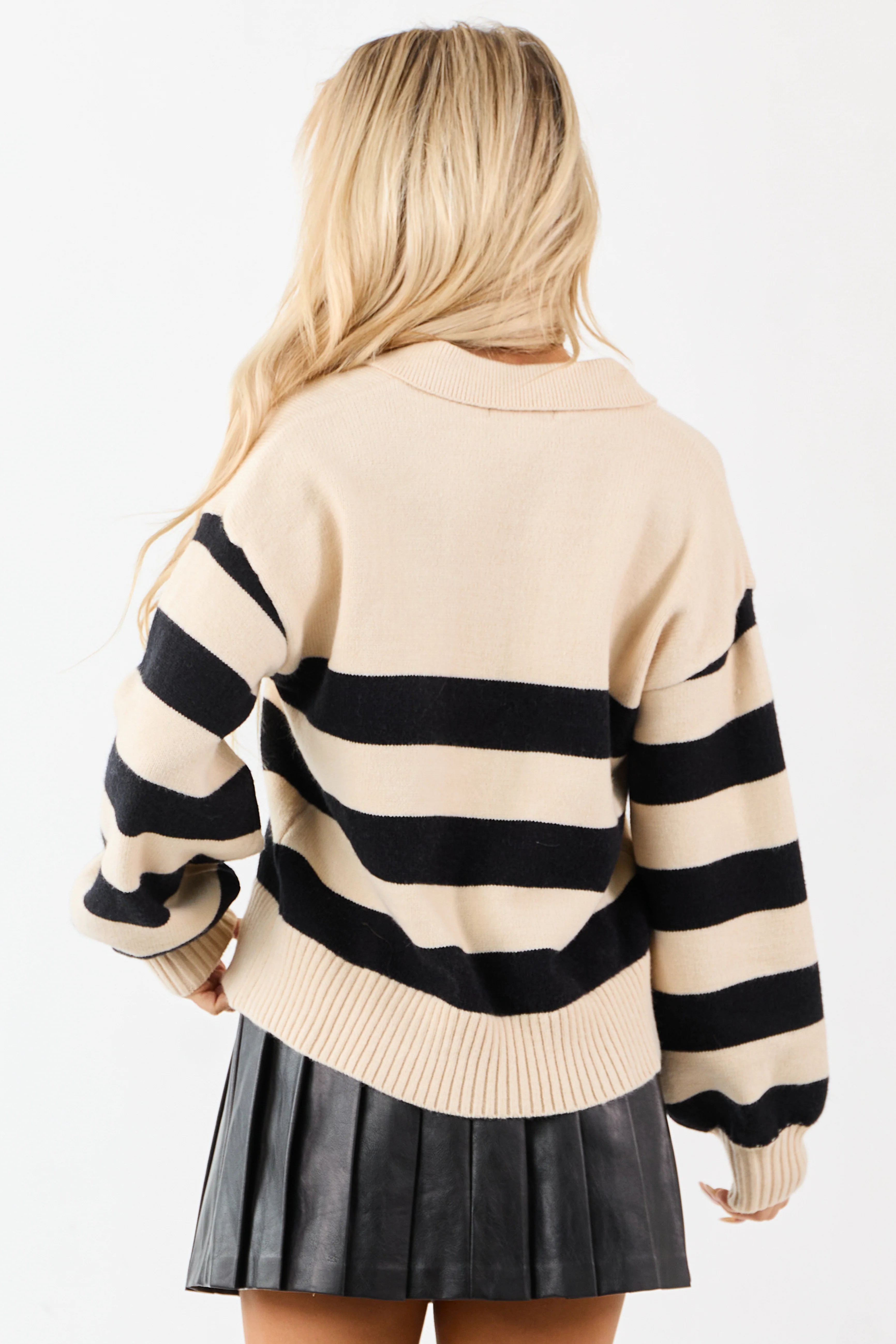 Cream and Black Striped Polo Style Sweater - Image 6
