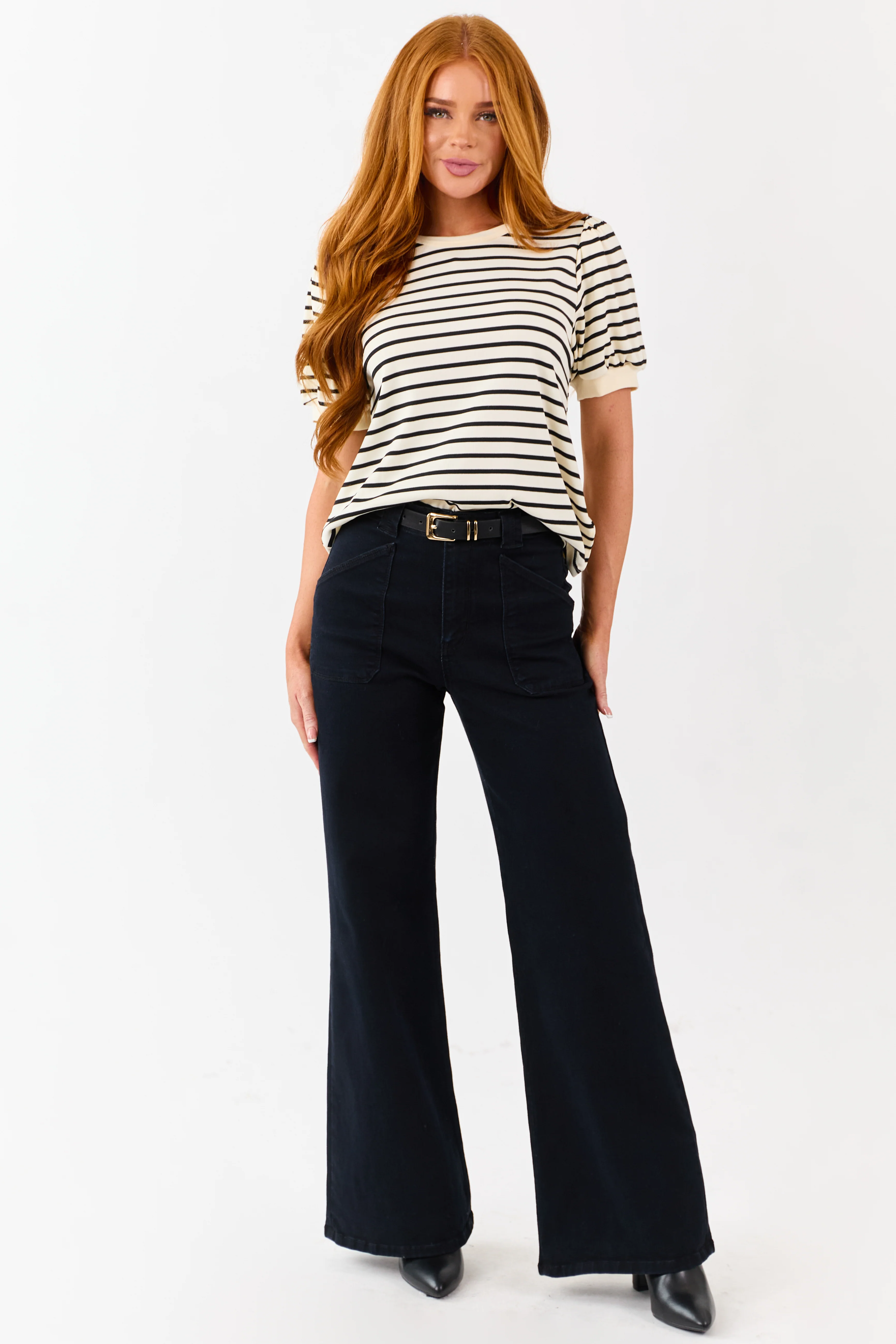 Cream and Black Striped Puffed Short Sleeve Top - Image 2