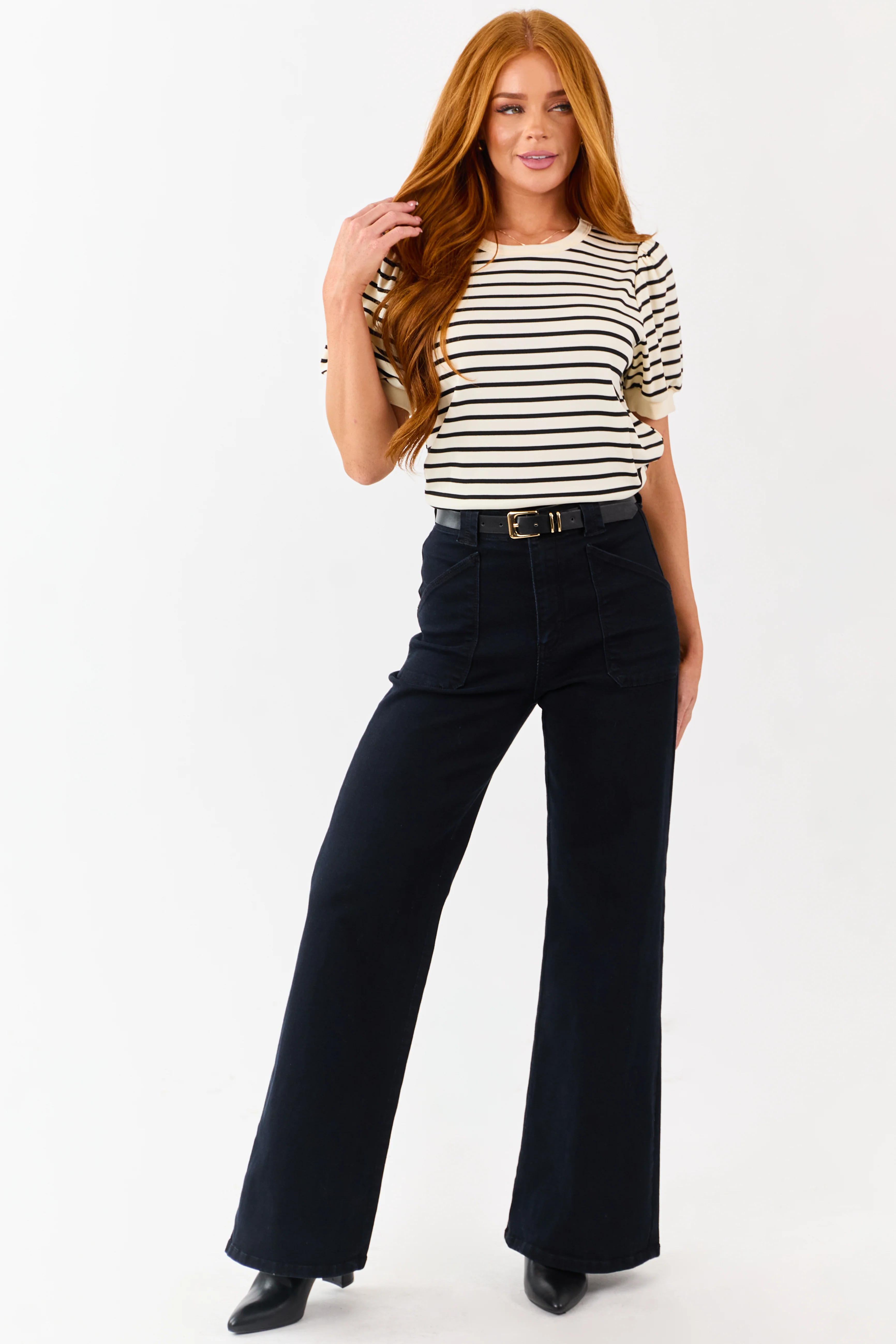 Cream and Black Striped Puffed Short Sleeve Top - Image 3
