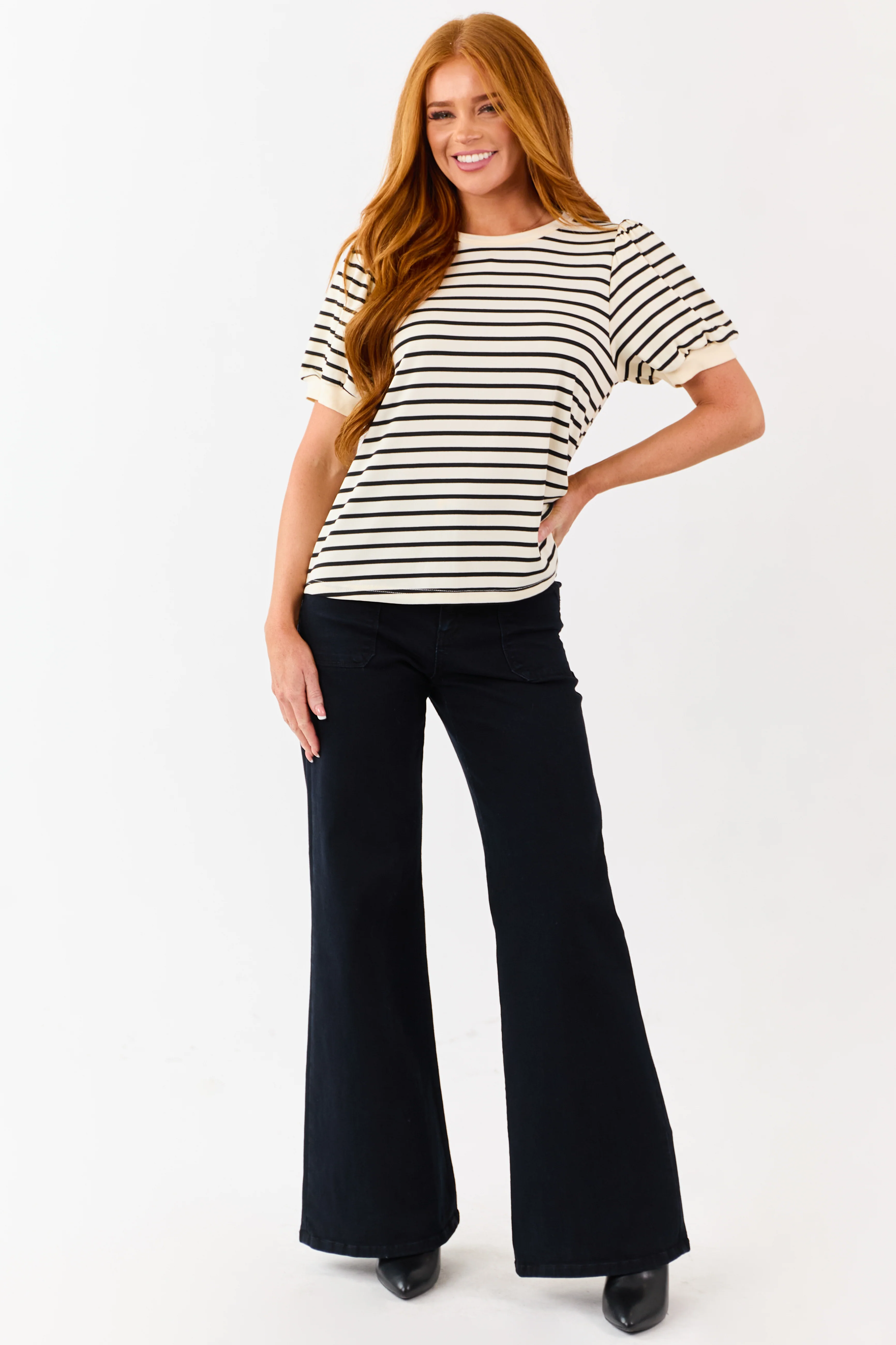 Cream and Black Striped Puffed Short Sleeve Top - Image 4