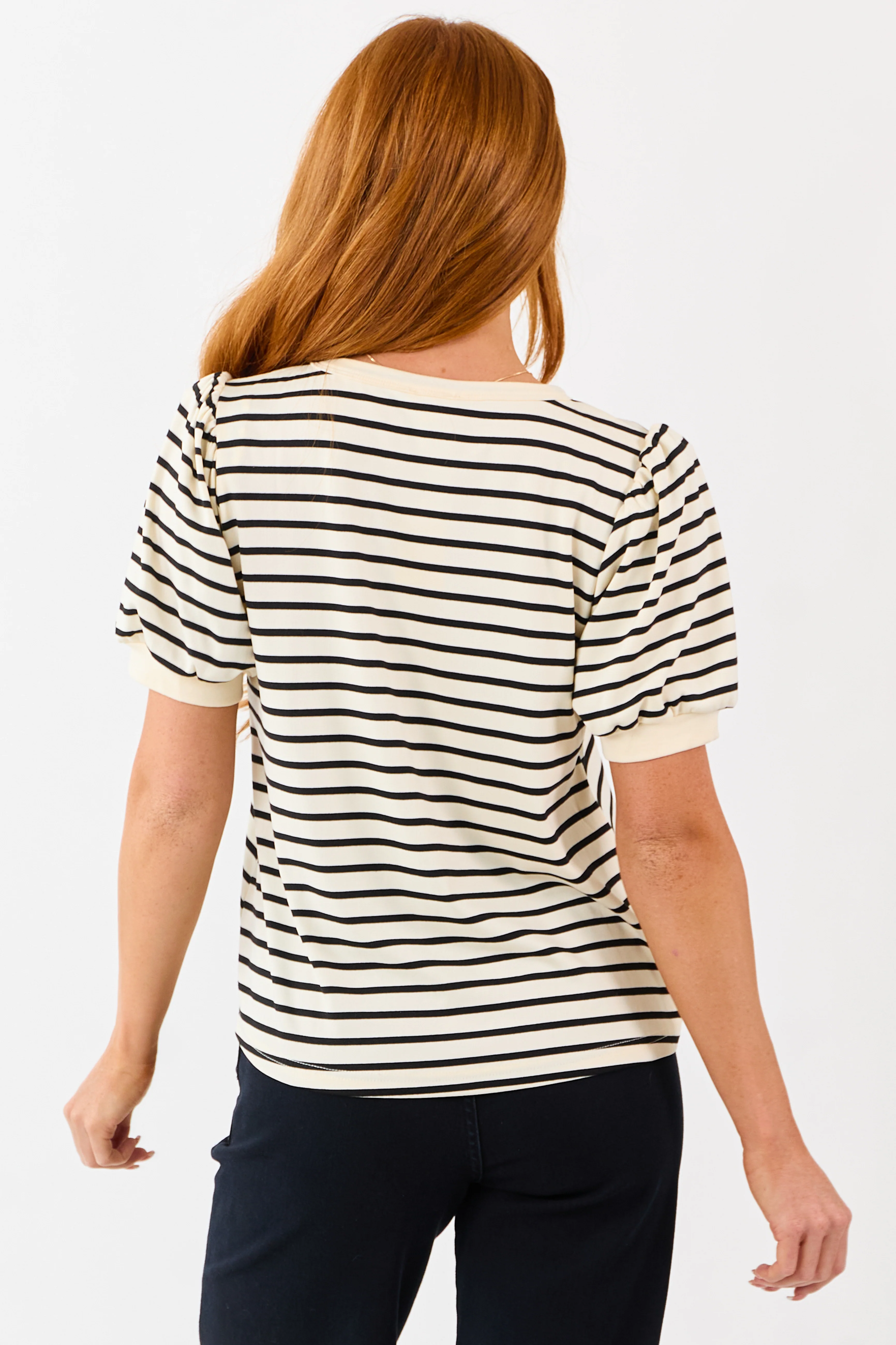 Cream and Black Striped Puffed Short Sleeve Top - Image 6
