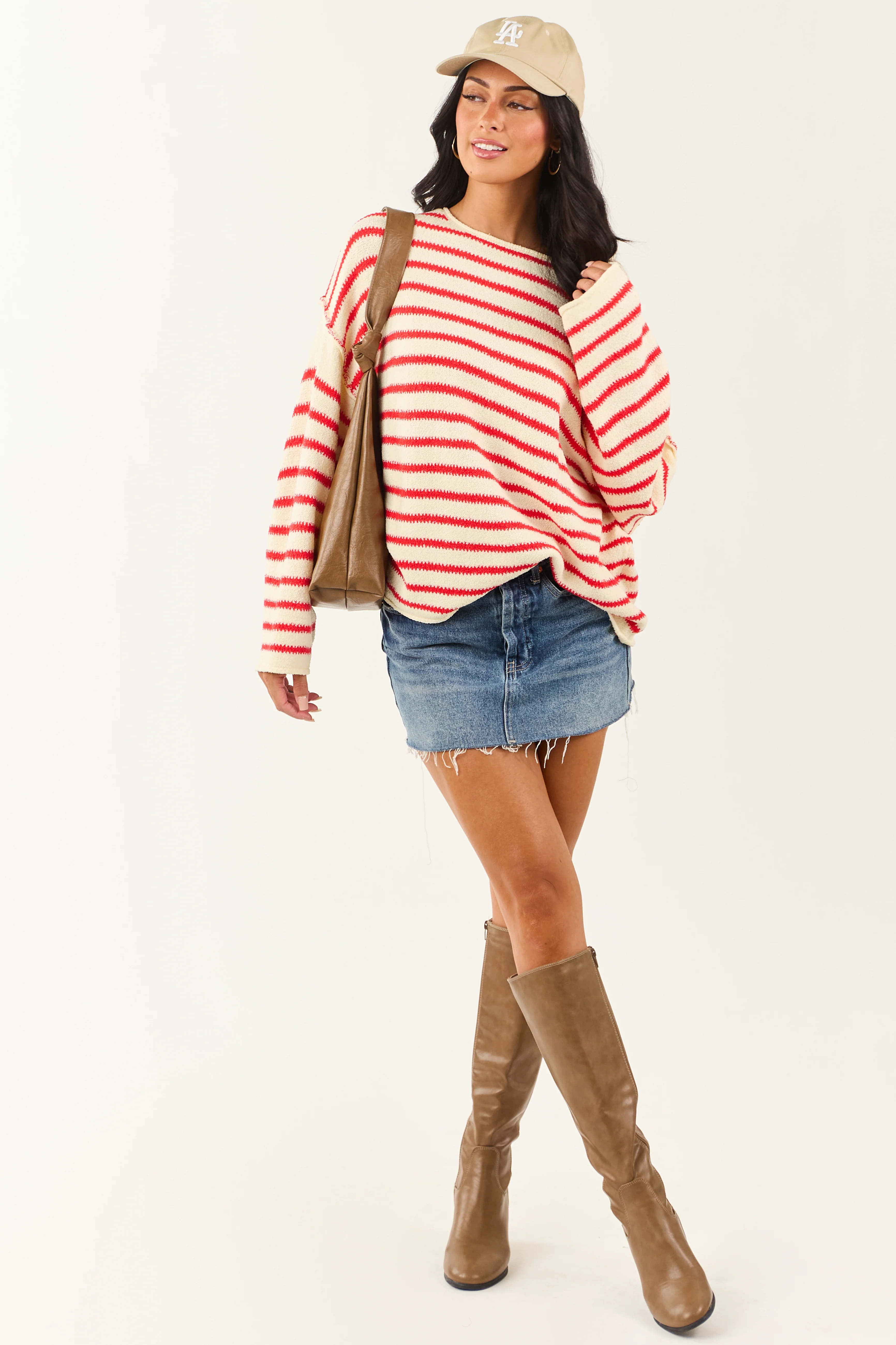 Cream and Brick Striped Relaxed Sweater - Image 3