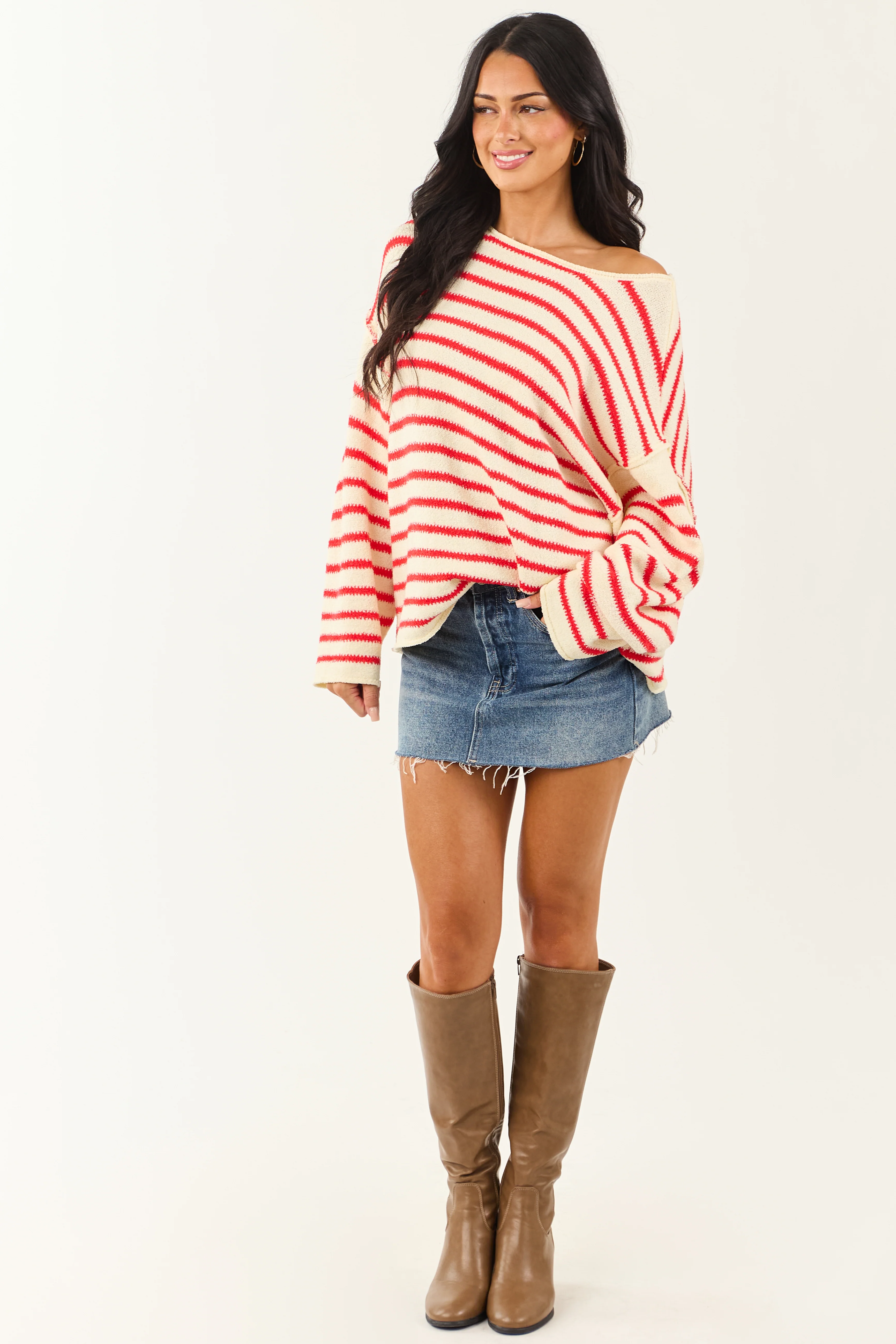 Cream and Brick Striped Relaxed Sweater - Image 4