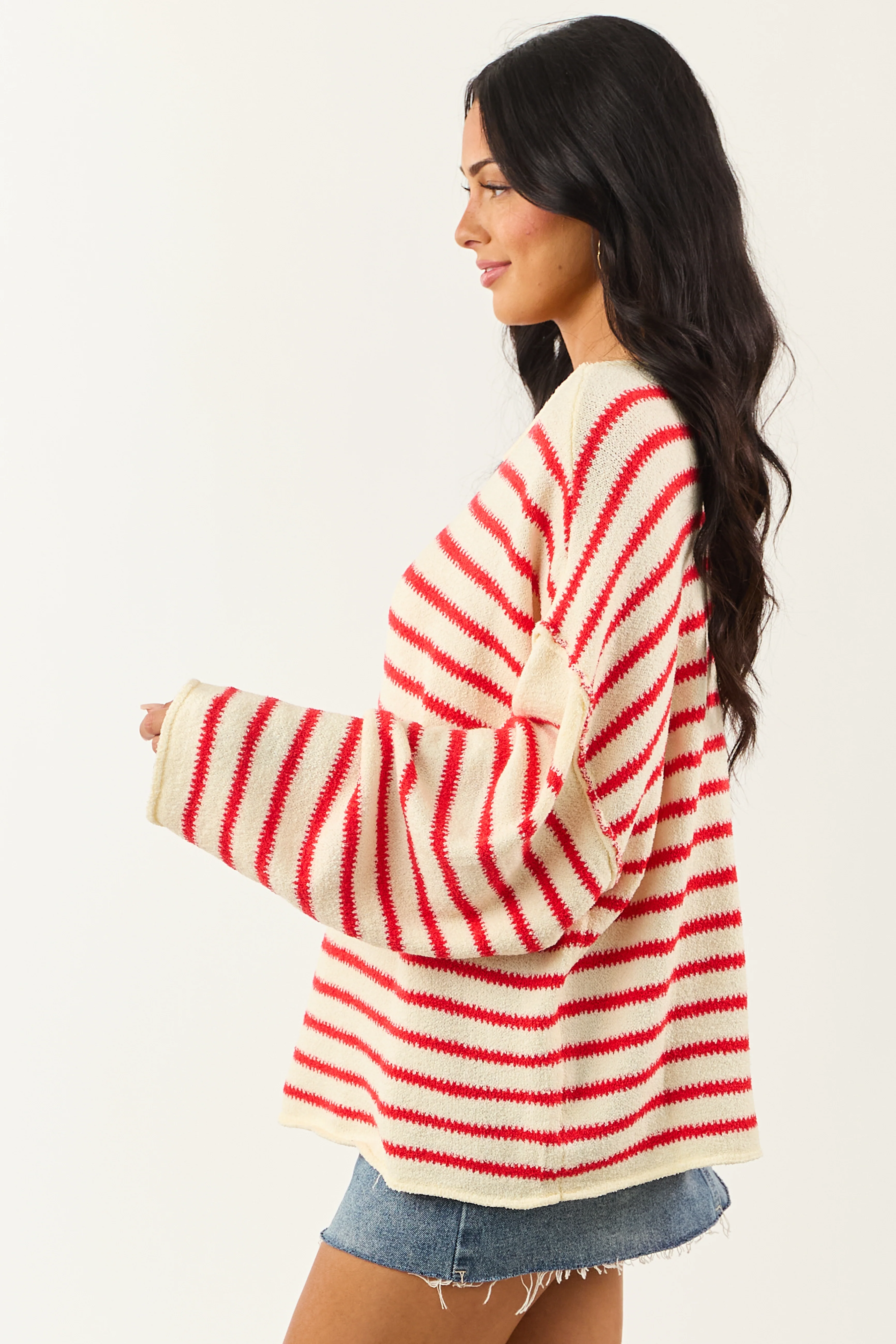 Cream and Brick Striped Relaxed Sweater - Image 5
