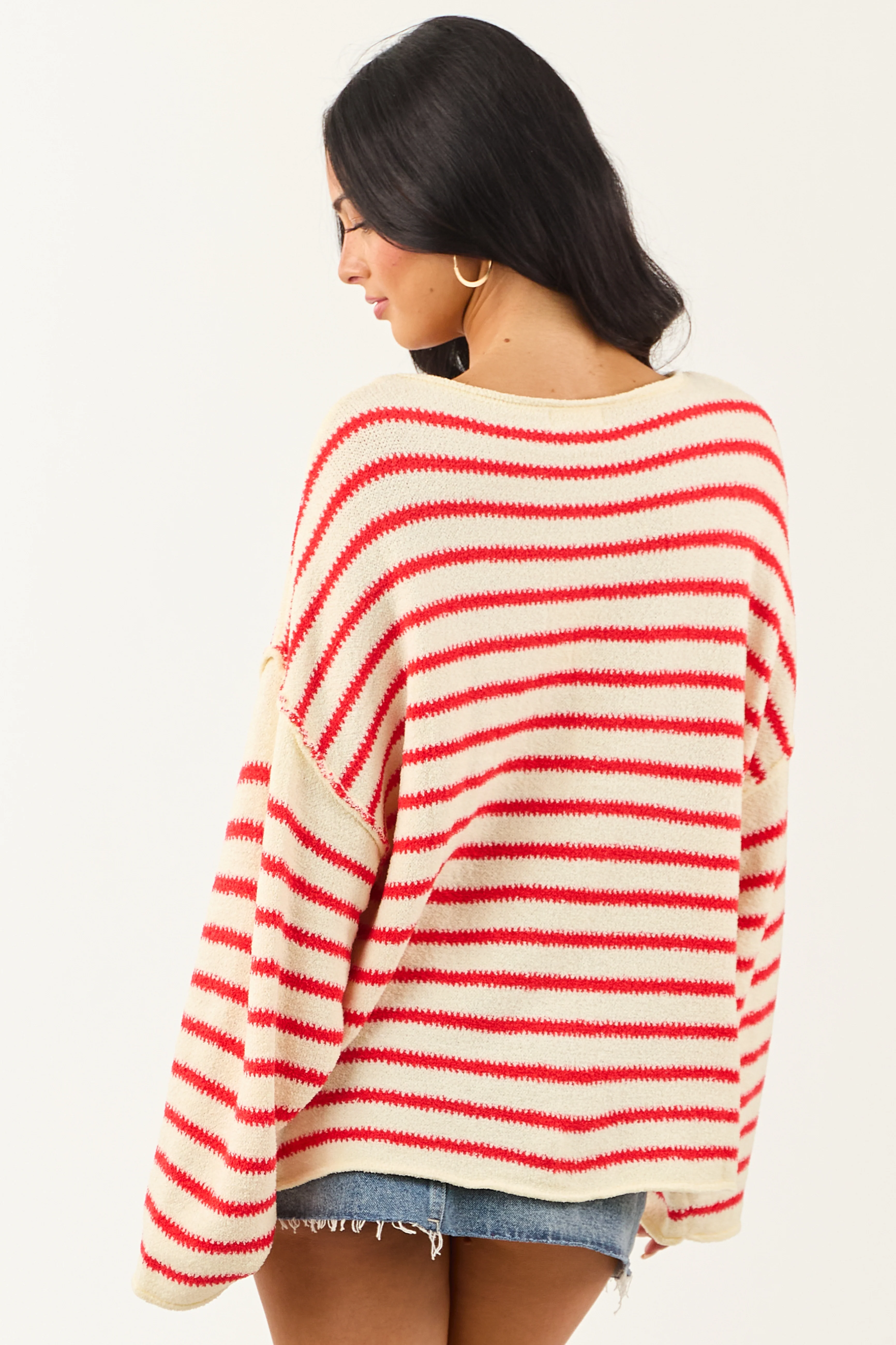 Cream and Brick Striped Relaxed Sweater - Image 6