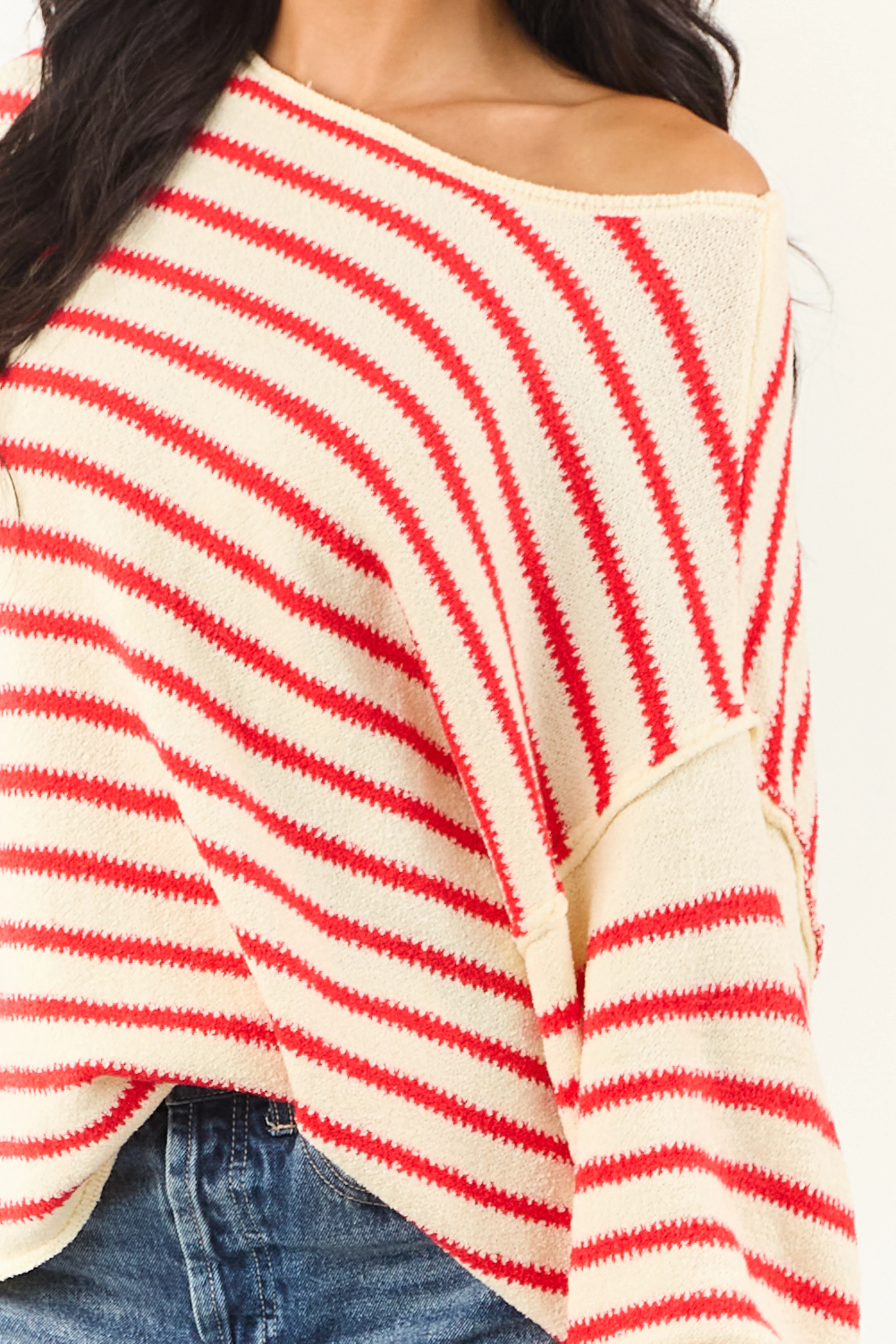 Cream and Brick Striped Relaxed Sweater - Image 7