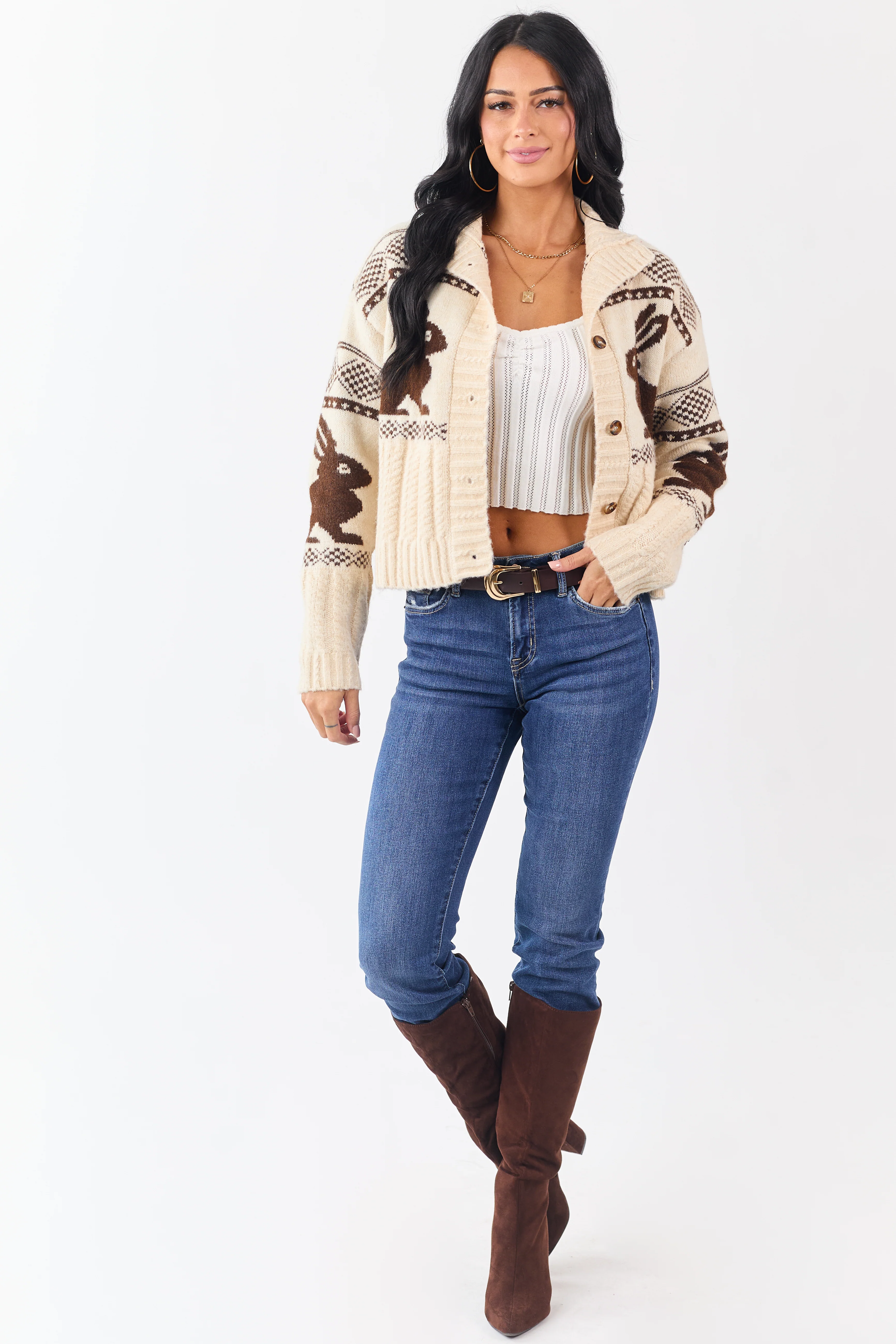 Cream Bunny Jacquard Pattern Button Down Cardigan - Image 3