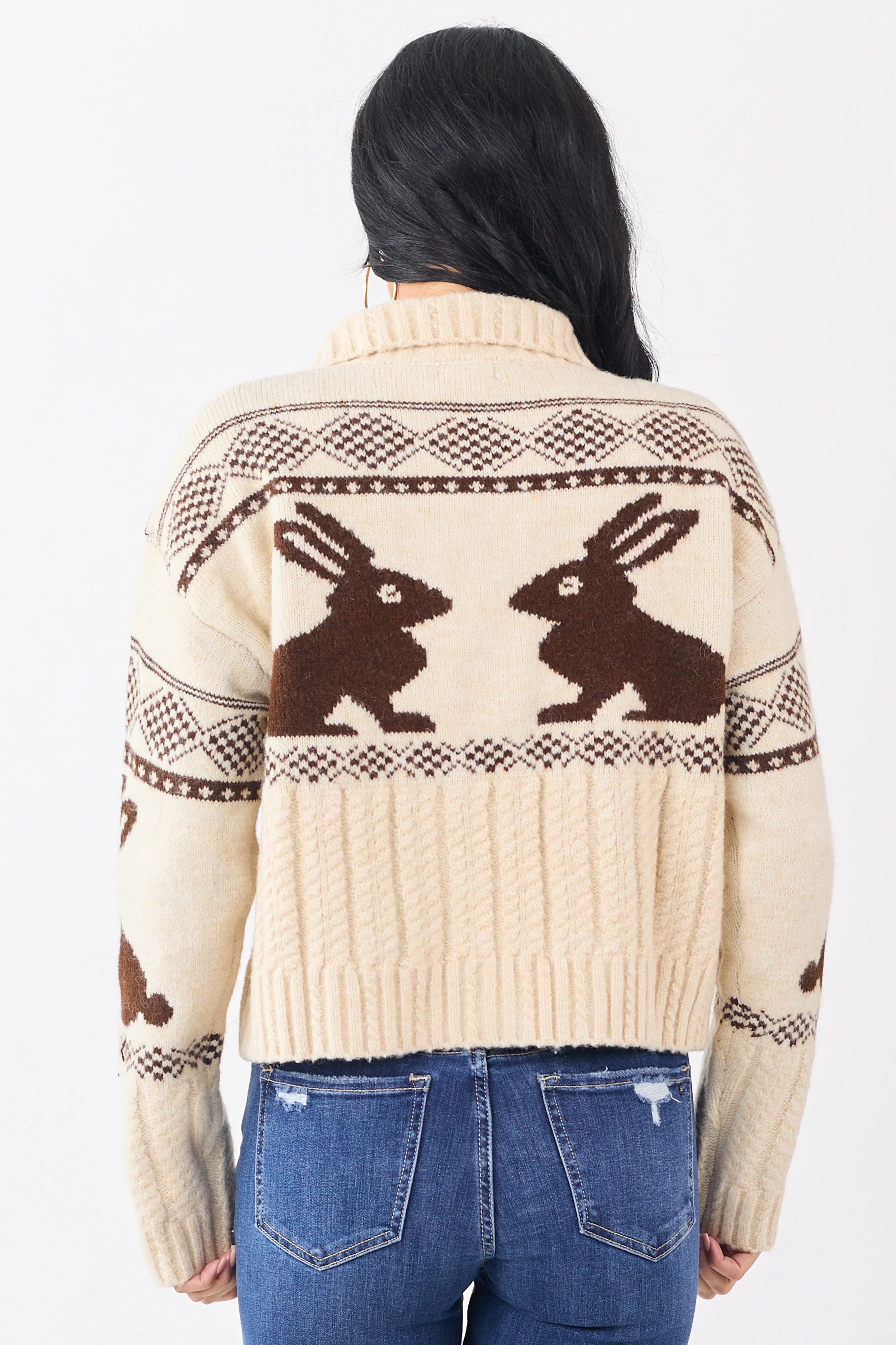 Cream Bunny Jacquard Pattern Button Down Cardigan - Image 5