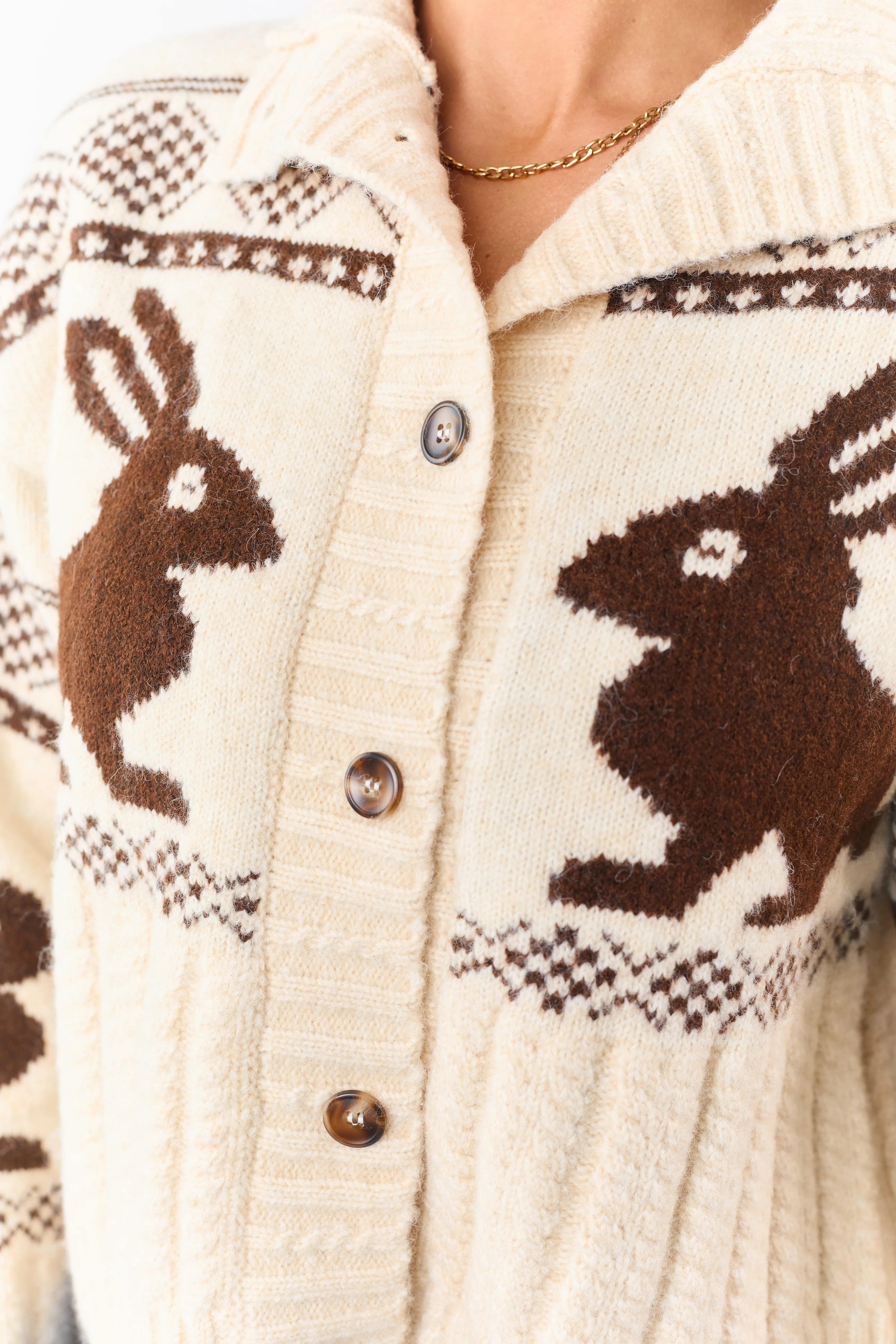 Cream Bunny Jacquard Pattern Button Down Cardigan - Image 6