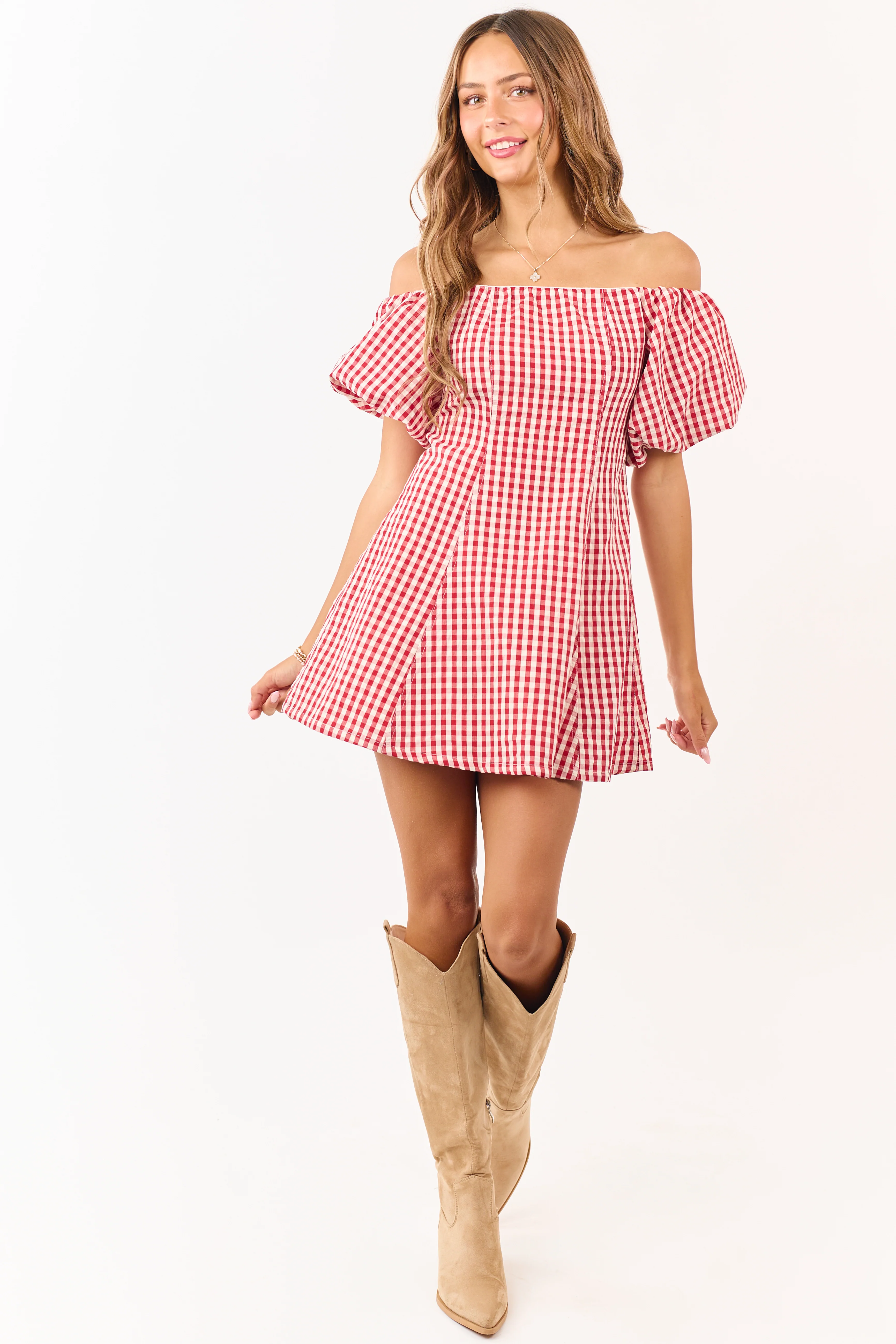 Cream and Burgundy Gingham Off Shoulder Mini Dress - Image 2