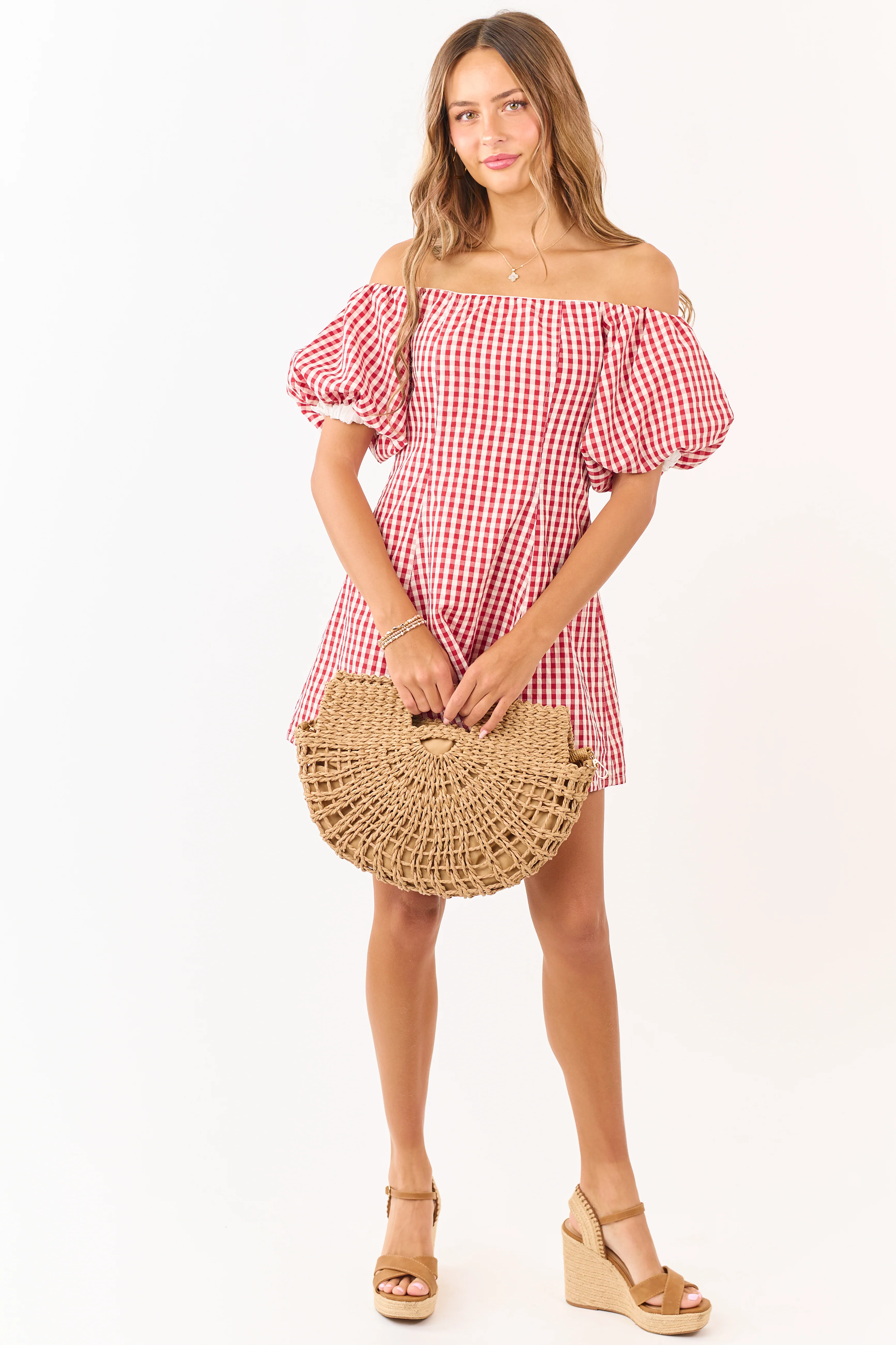 Cream and Burgundy Gingham Off Shoulder Mini Dress - Image 4