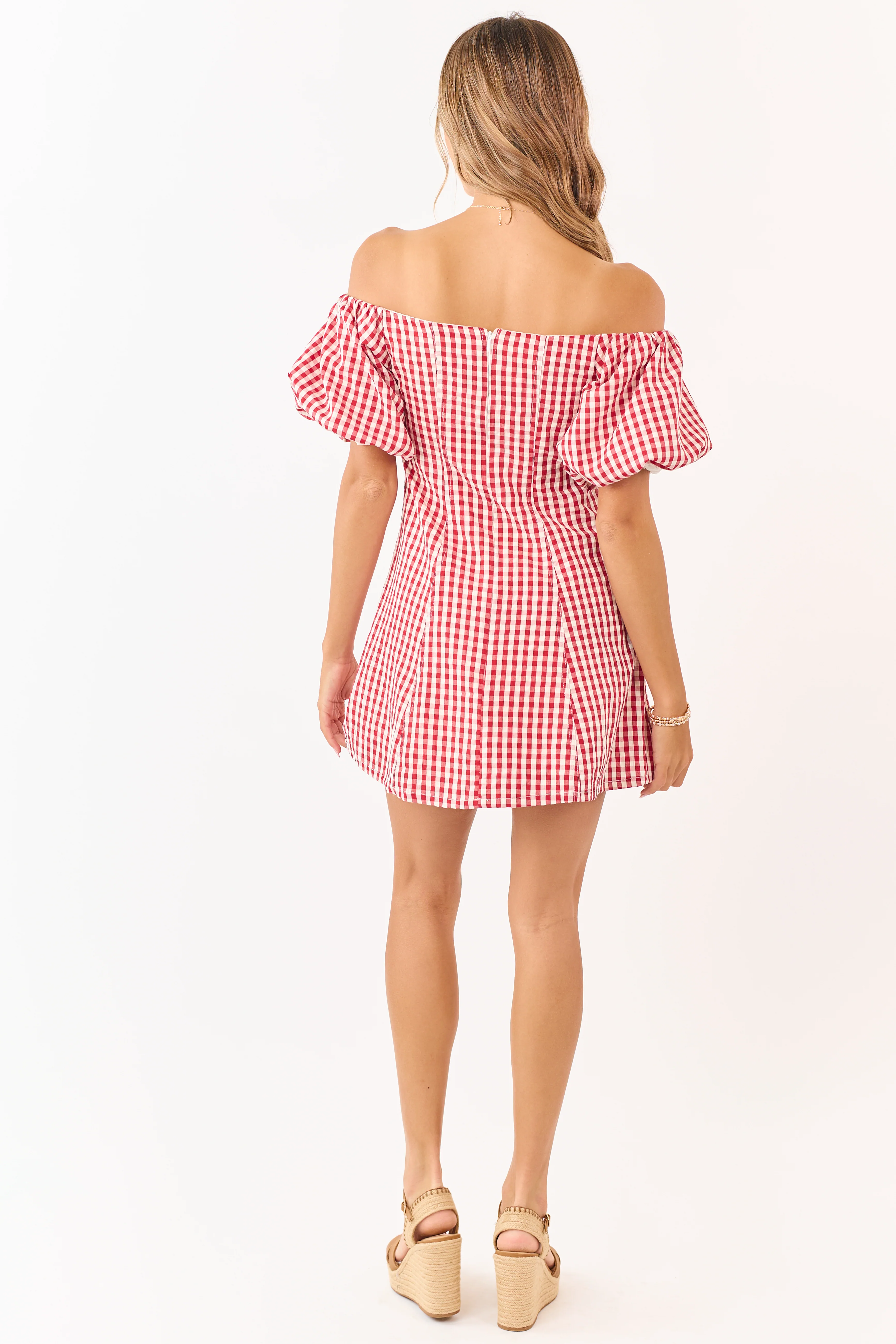 Cream and Burgundy Gingham Off Shoulder Mini Dress - Image 6
