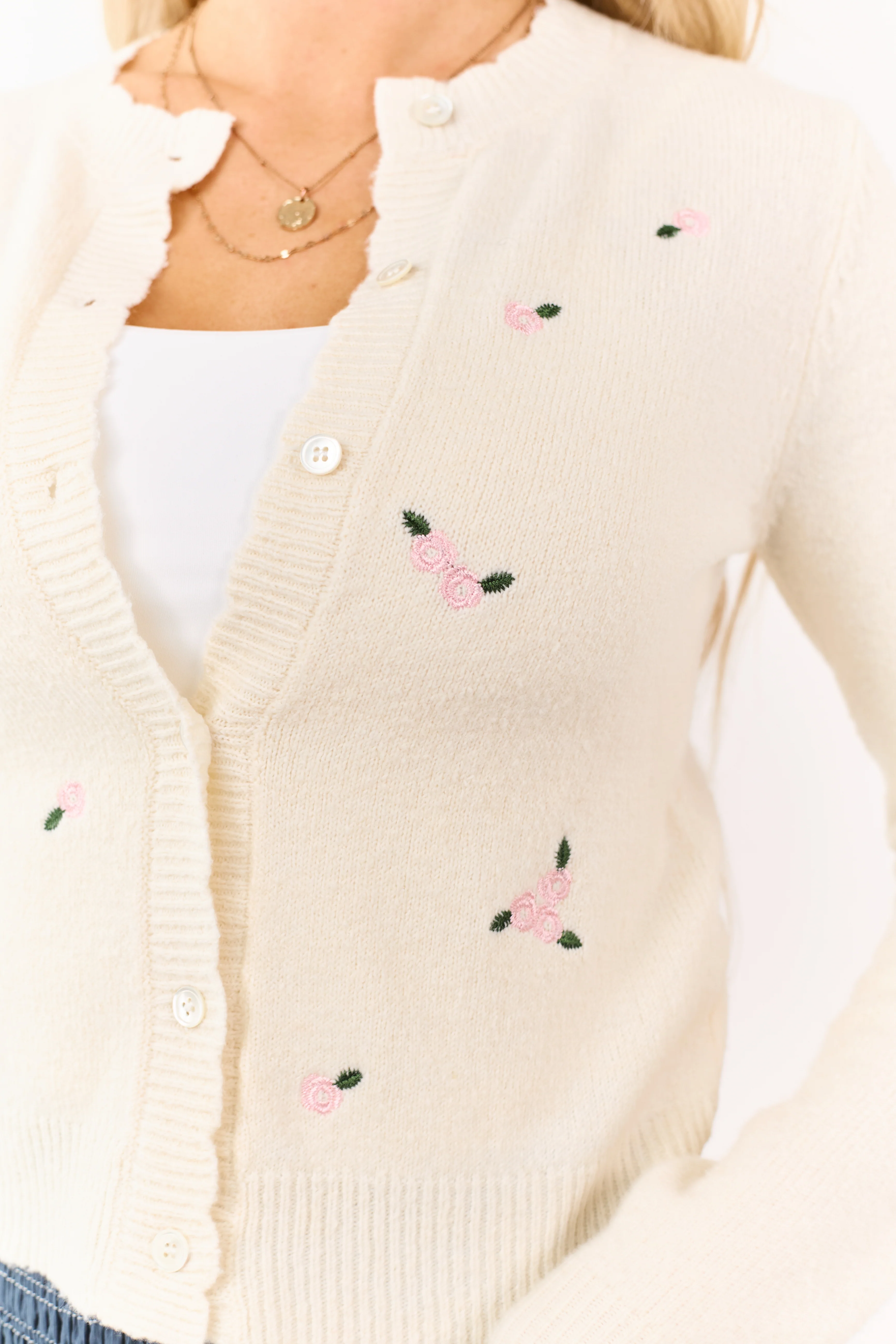 Cream Button Down Floral Embroidered Cardigan - Image 2