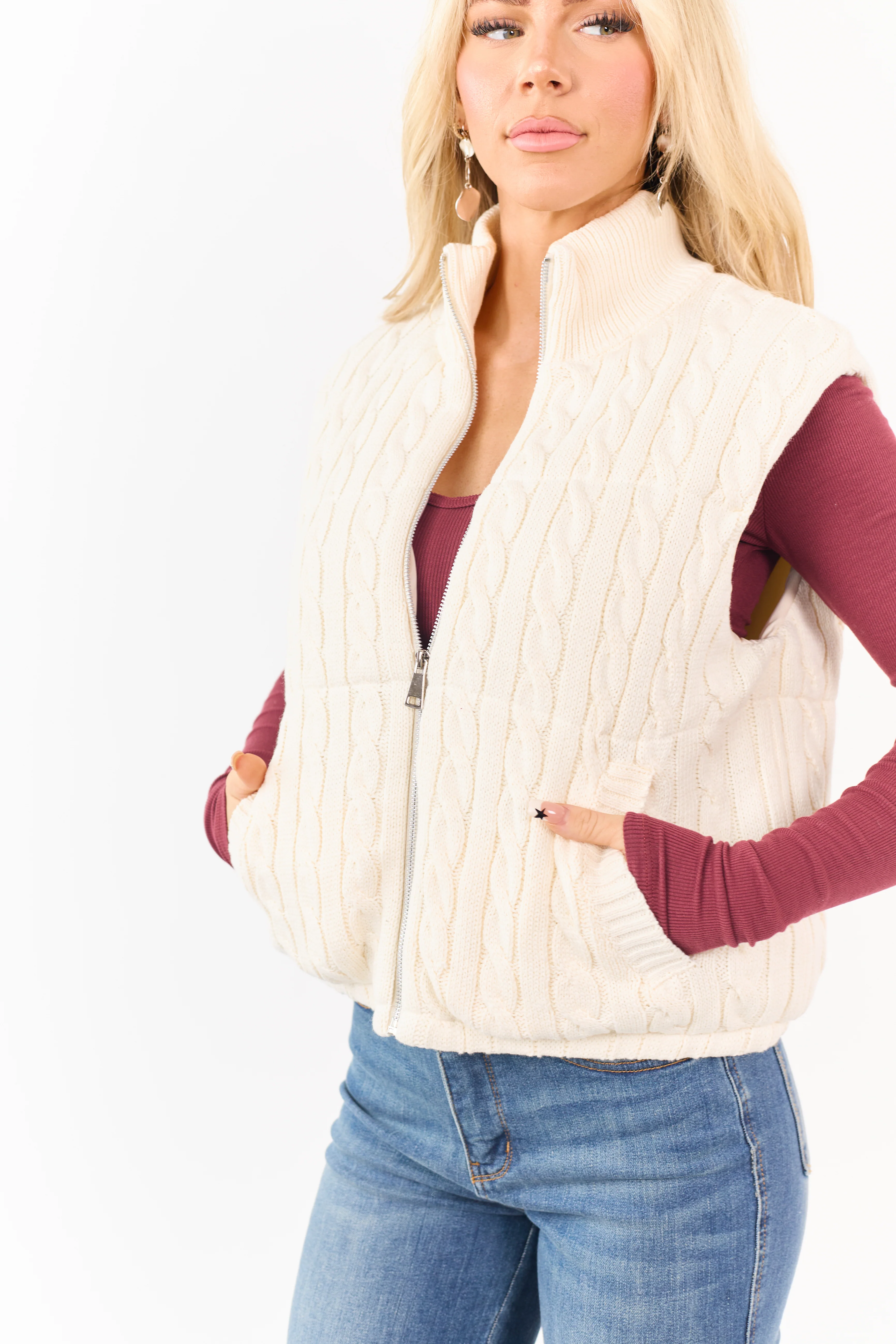 Cream Cable Knit Mock Neck Zip Up Puffer Vest - Image 2