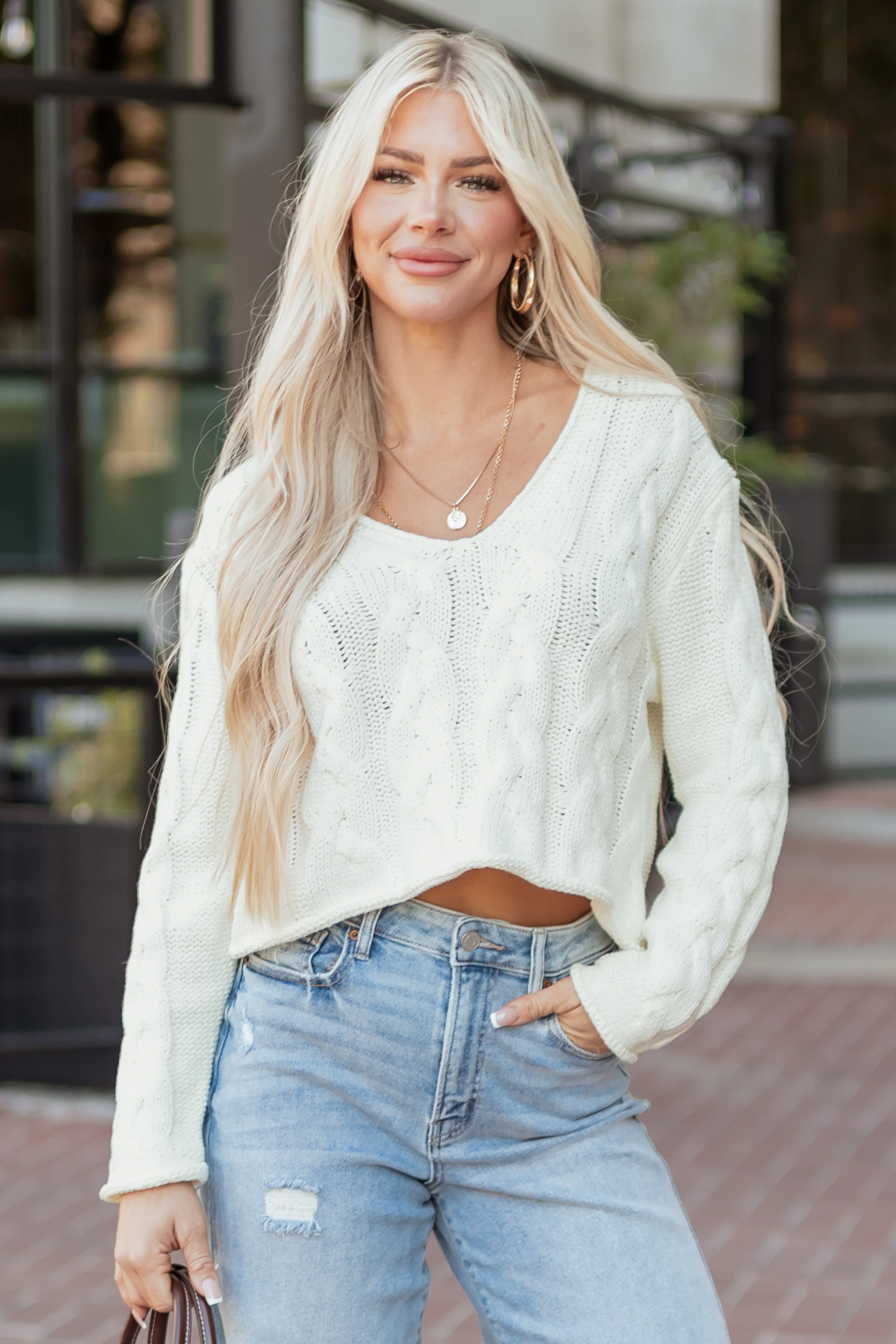 Cream Cable Knit V-Neck Long Sleeve Sweater - Image 2