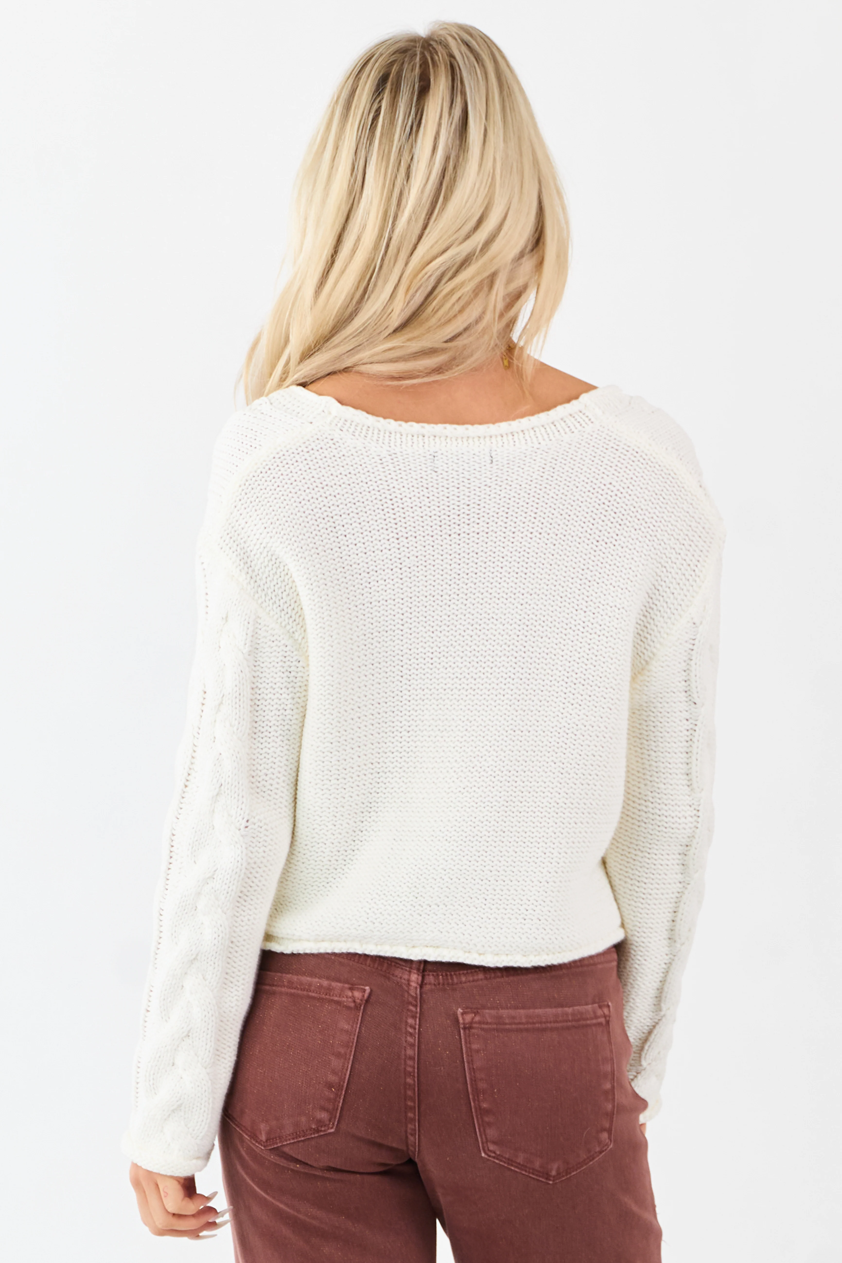 Cream Cable Knit V-Neck Long Sleeve Sweater - Image 7