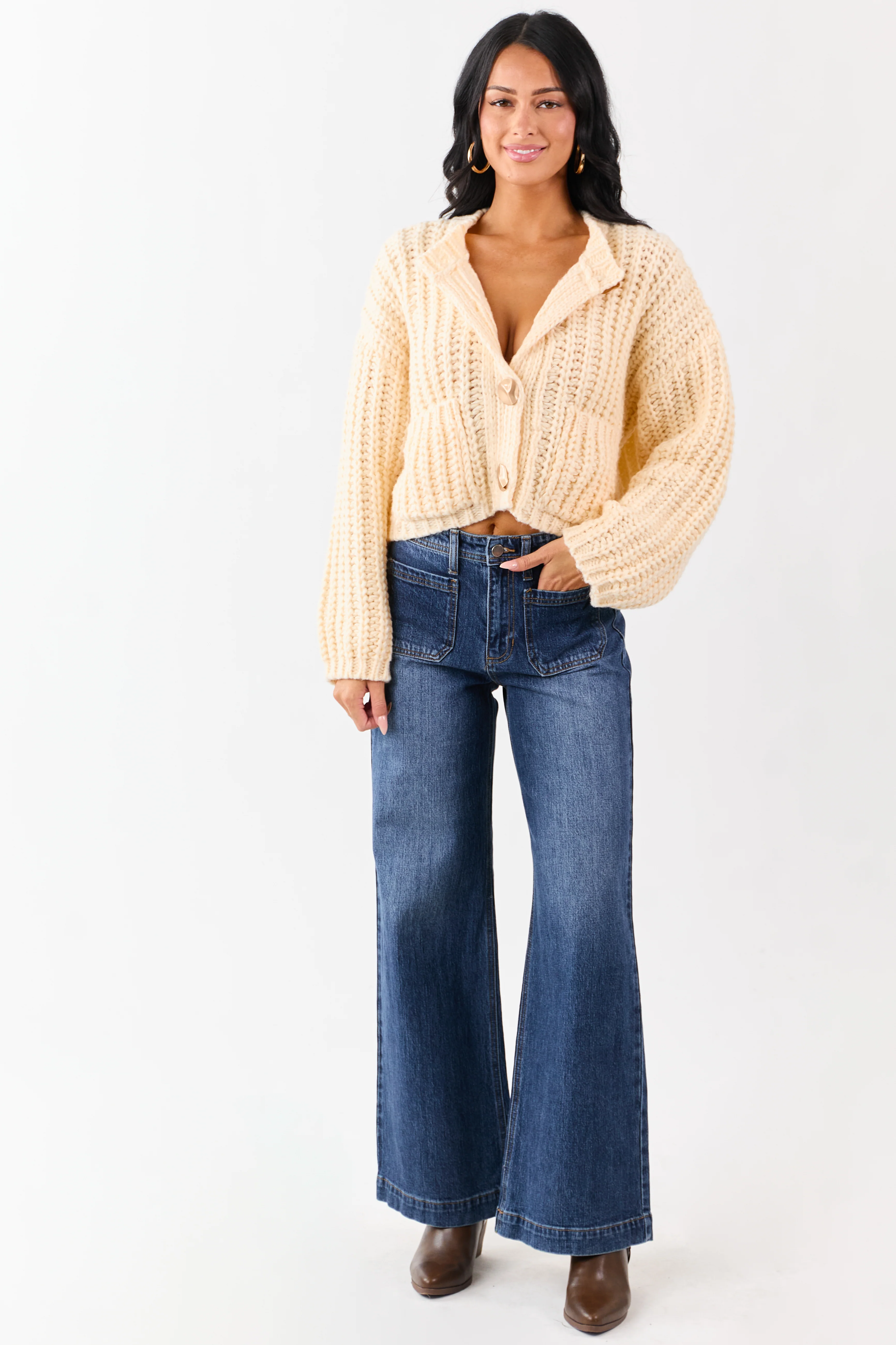 Cream Chunky Rib Knit Button Down Sweater Cardigan - Image 4