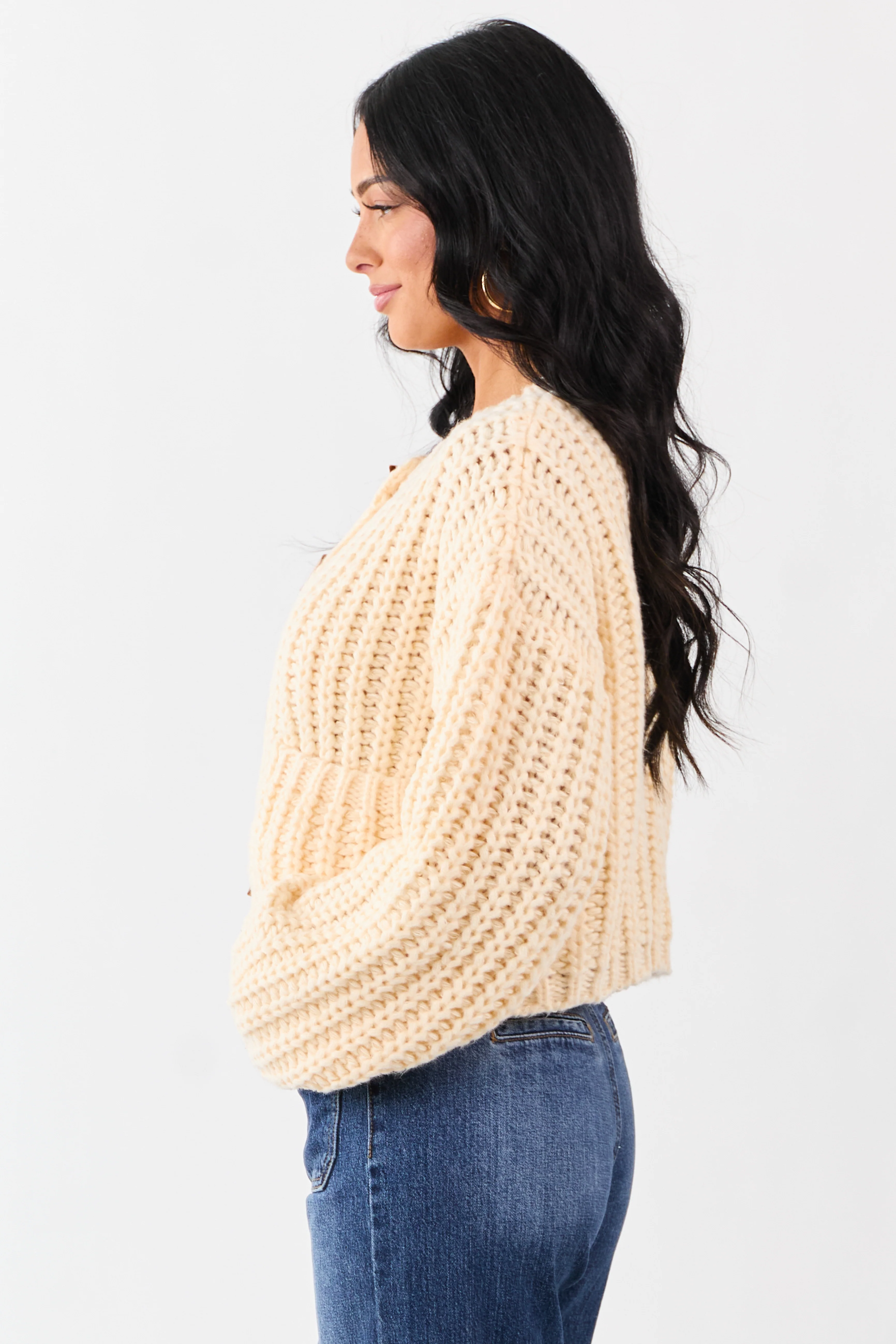 Cream Chunky Rib Knit Button Down Sweater Cardigan - Image 5