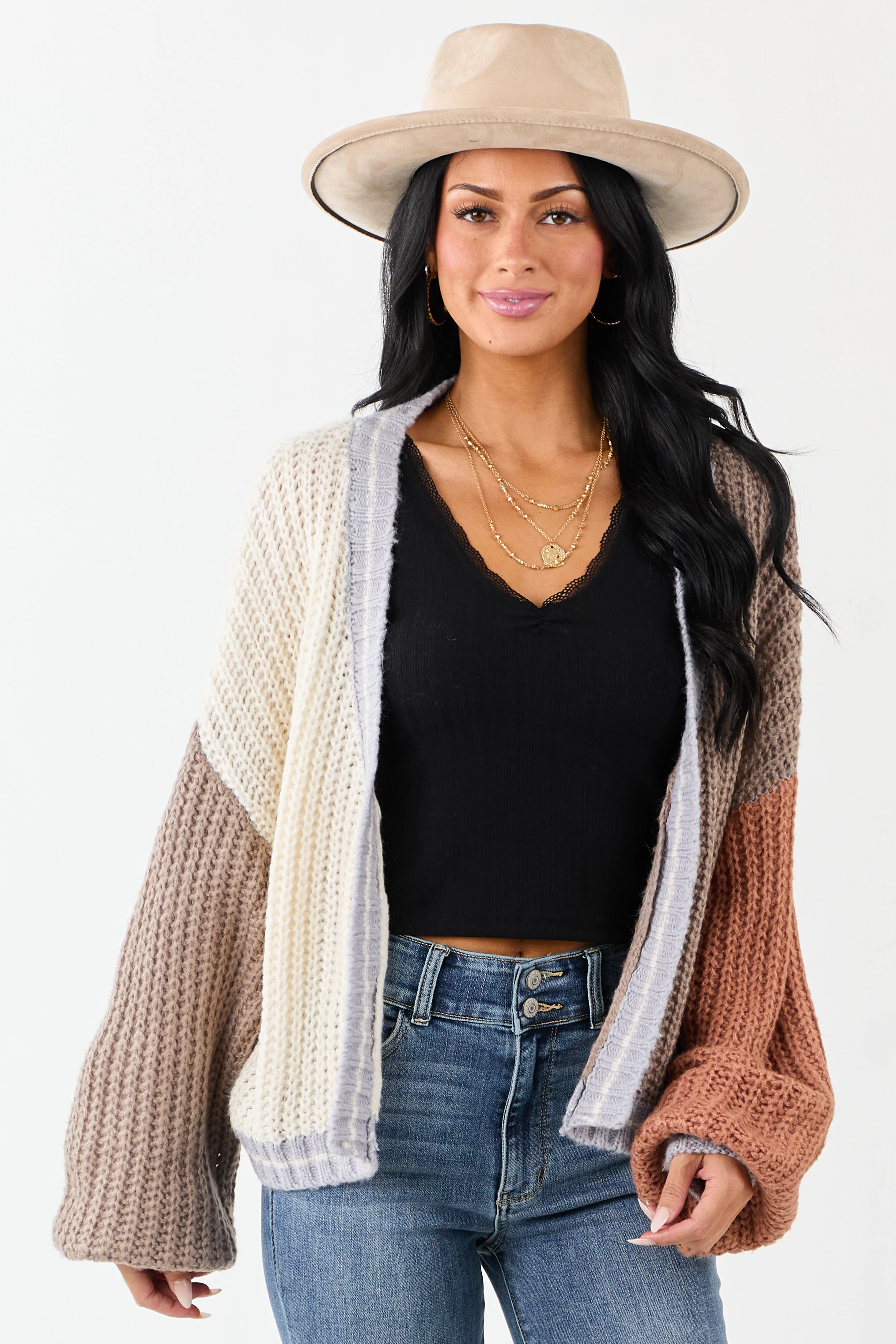 Cream and Coffee Colorblock Puff Sleeve Cardigan