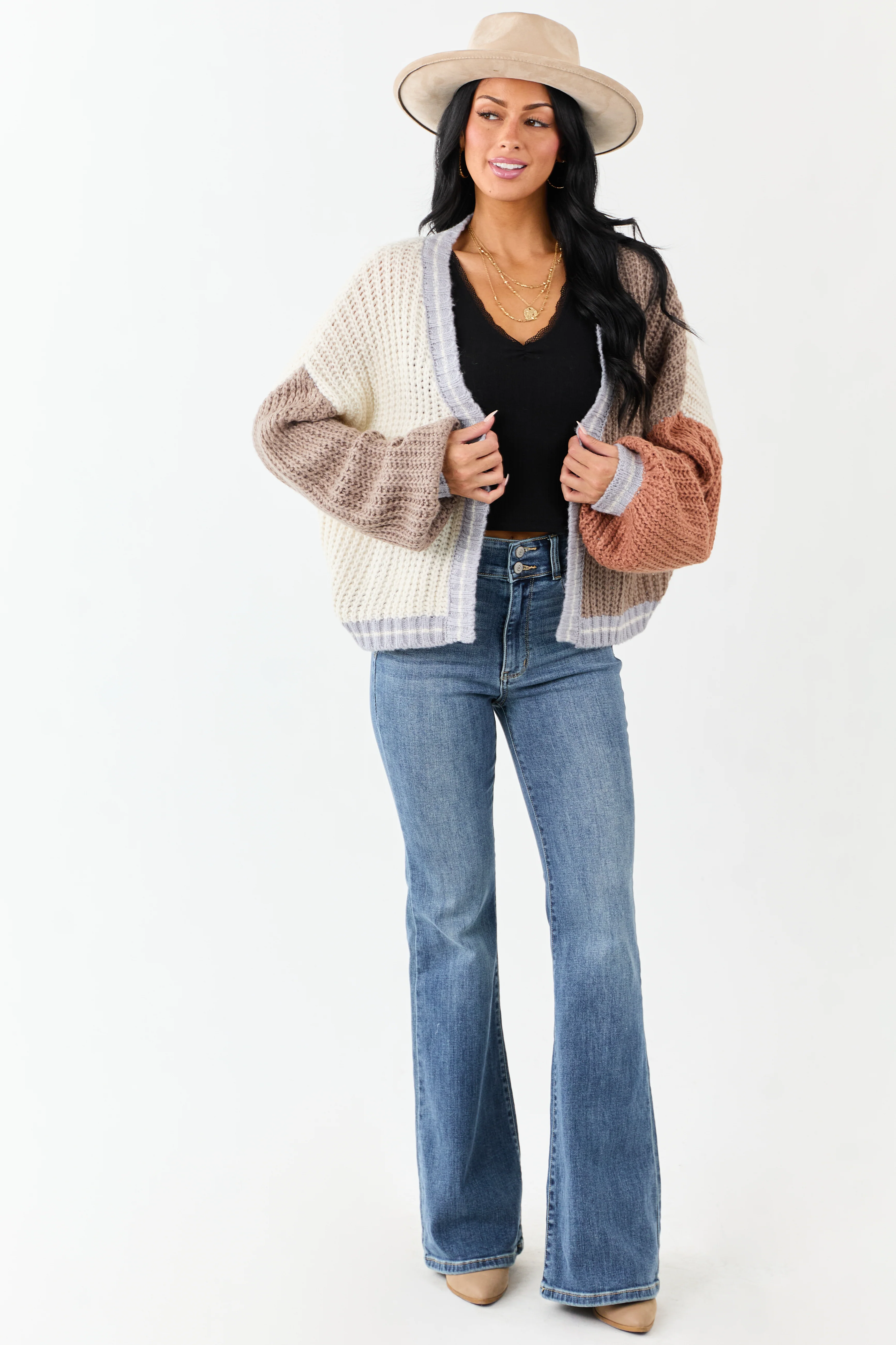 Cream and Coffee Colorblock Puff Sleeve Cardigan - Image 2