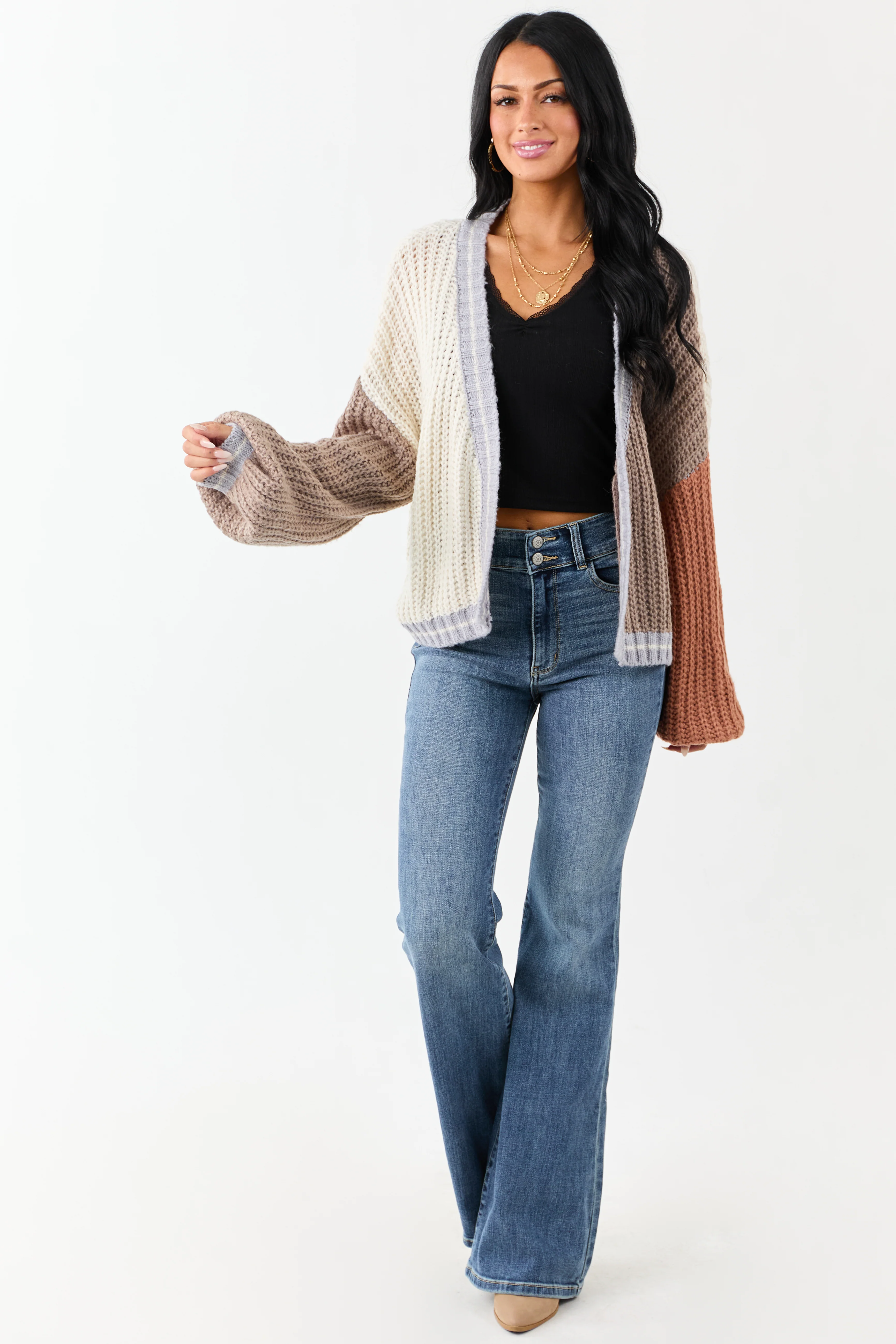 Cream and Coffee Colorblock Puff Sleeve Cardigan - Image 3