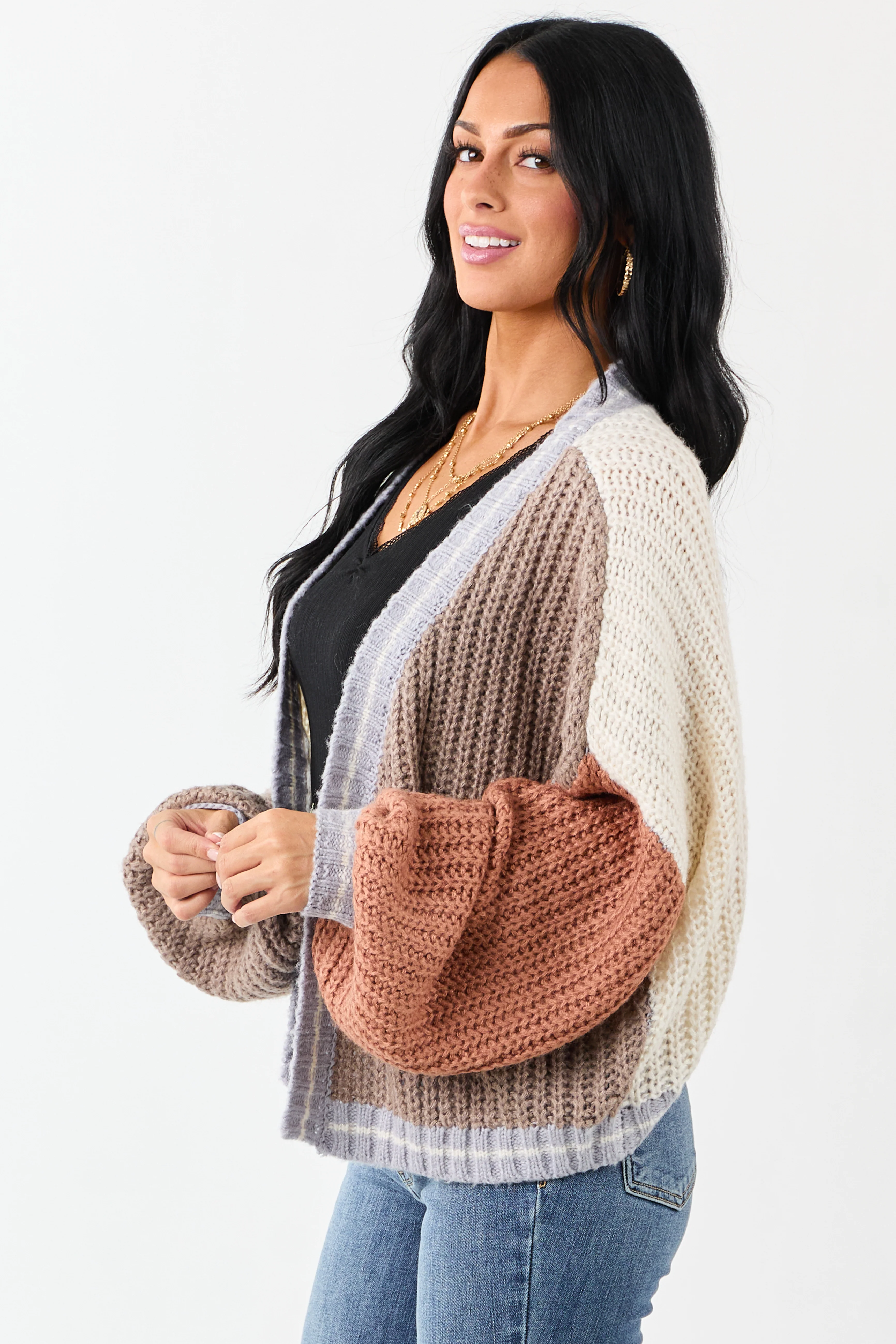 Cream and Coffee Colorblock Puff Sleeve Cardigan - Image 4