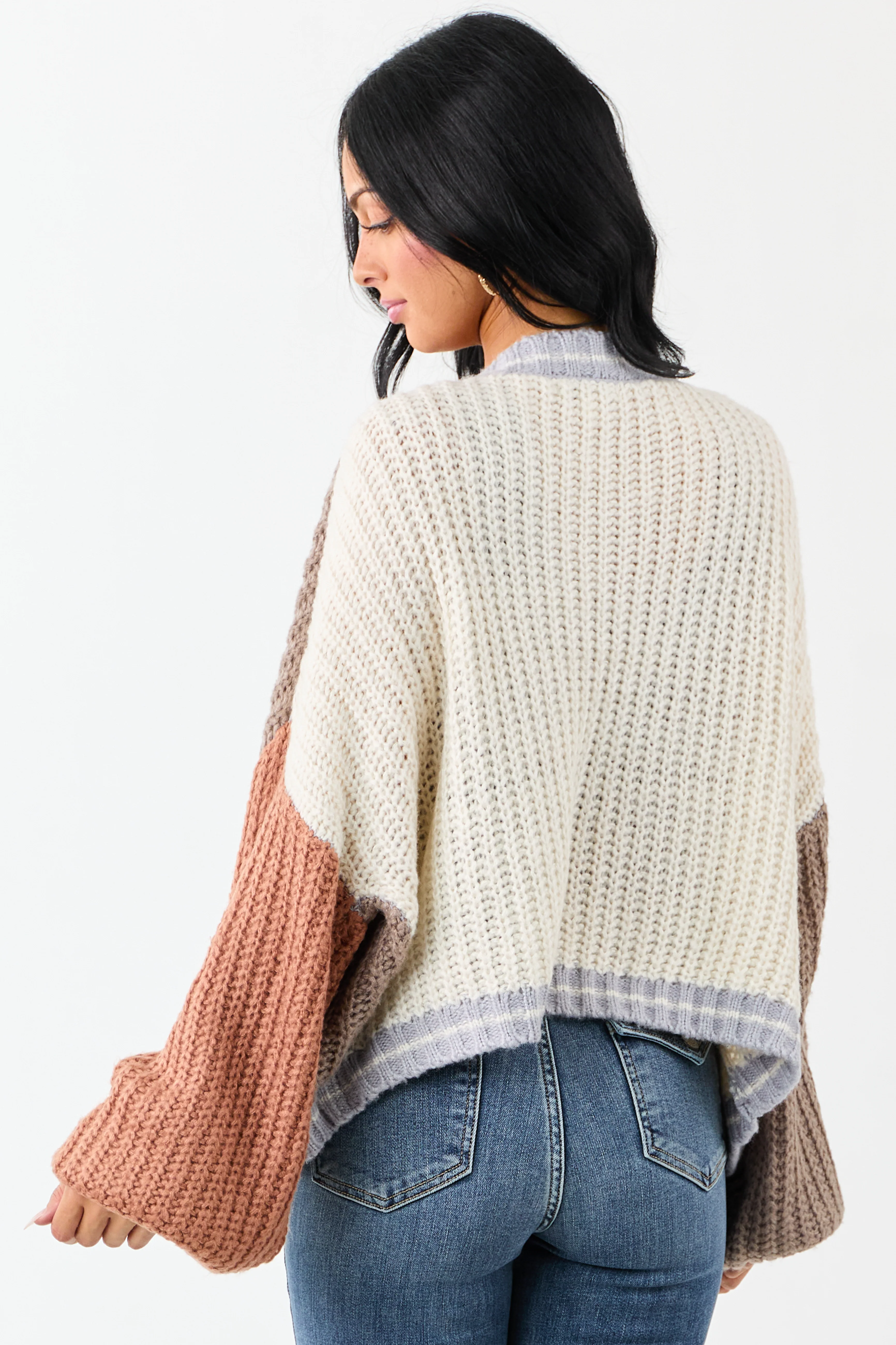 Cream and Coffee Colorblock Puff Sleeve Cardigan - Image 5