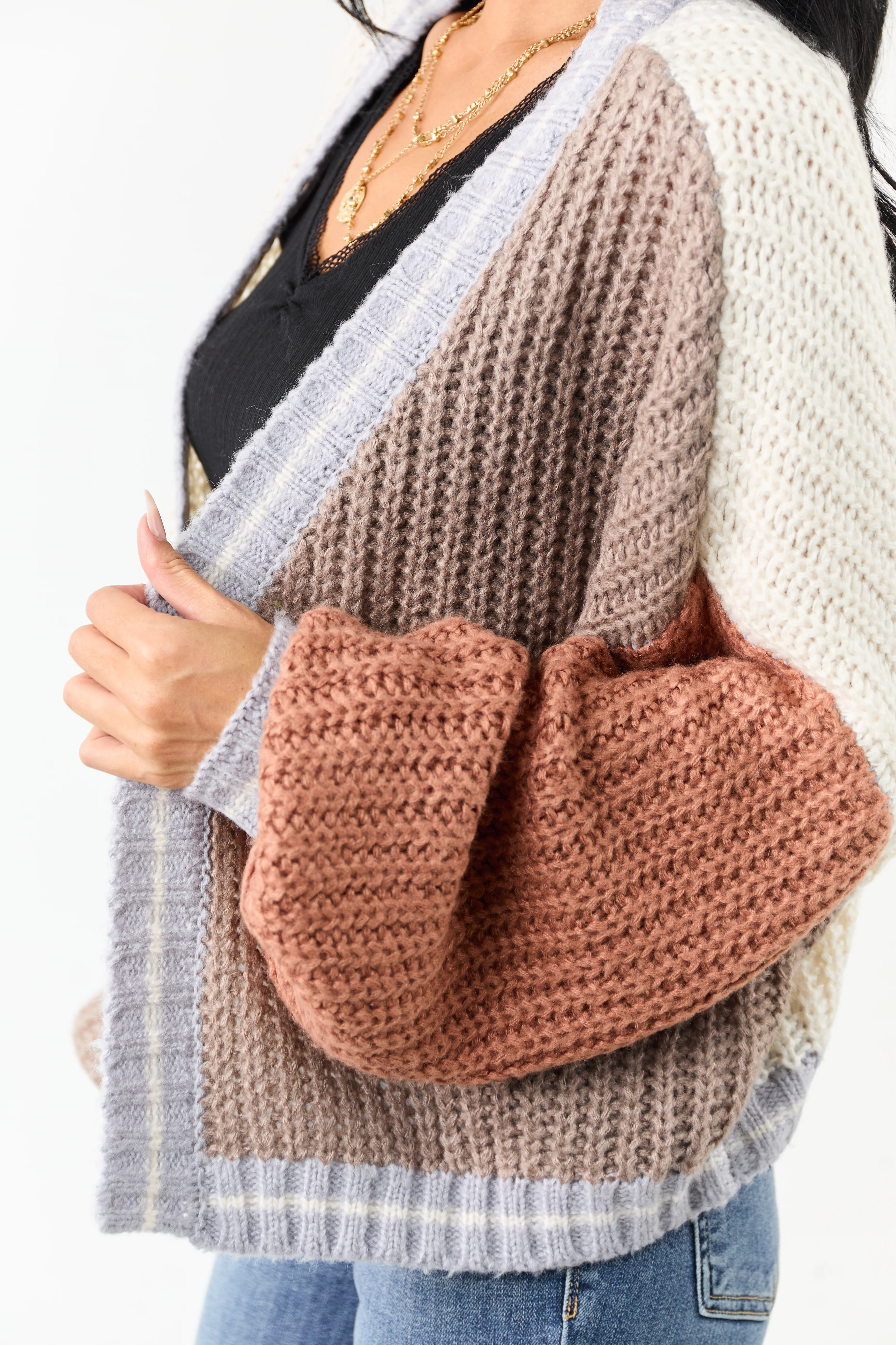 Cream and Coffee Colorblock Puff Sleeve Cardigan - Image 6