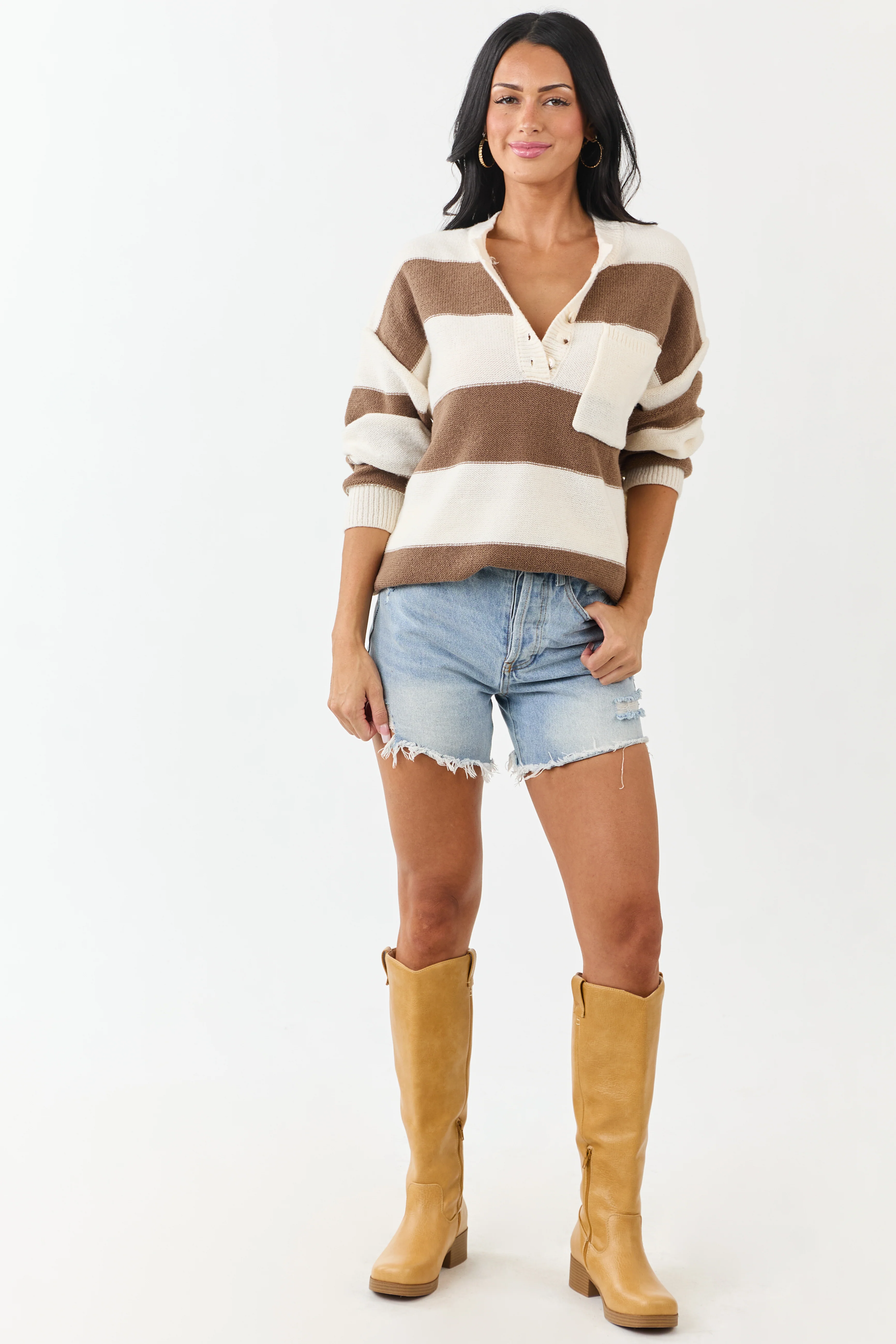 Cream and Coffee Thick Stripe Henley Sweater - Image 3
