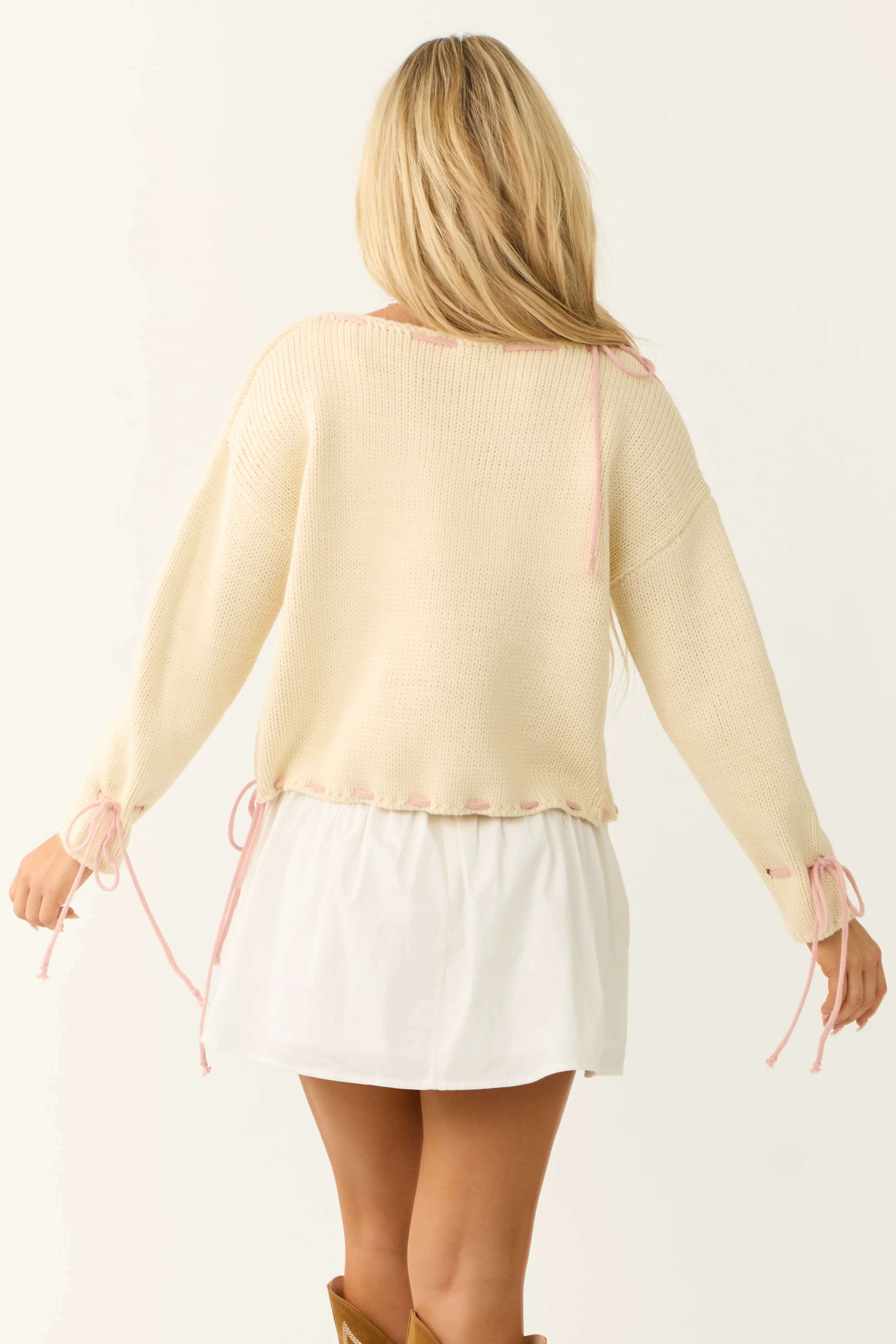 Cream Contrast Cinched Thread Knit Sweater - Image 6