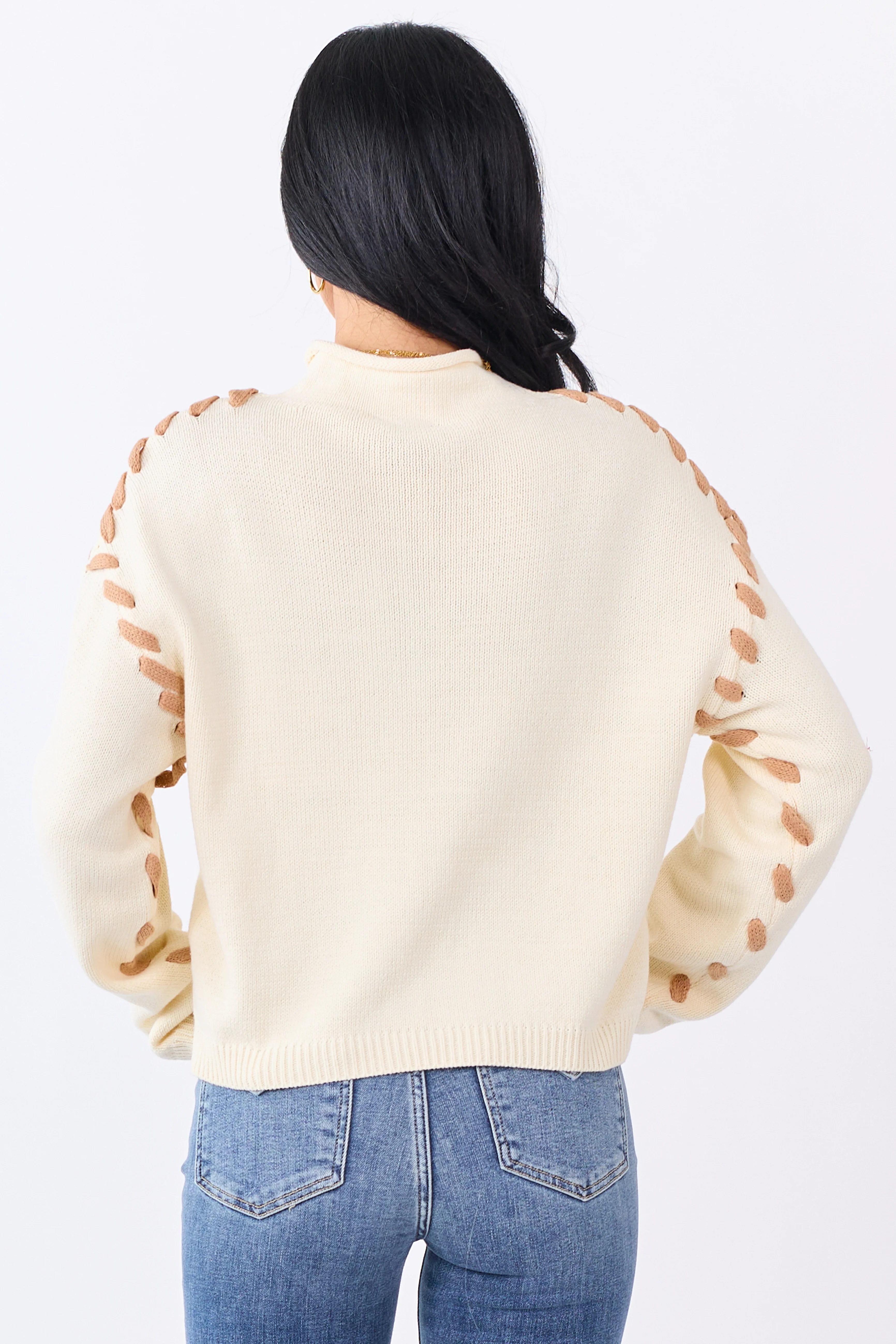 Cream Contrast Stitch Mock Neck Sweater - Image 6