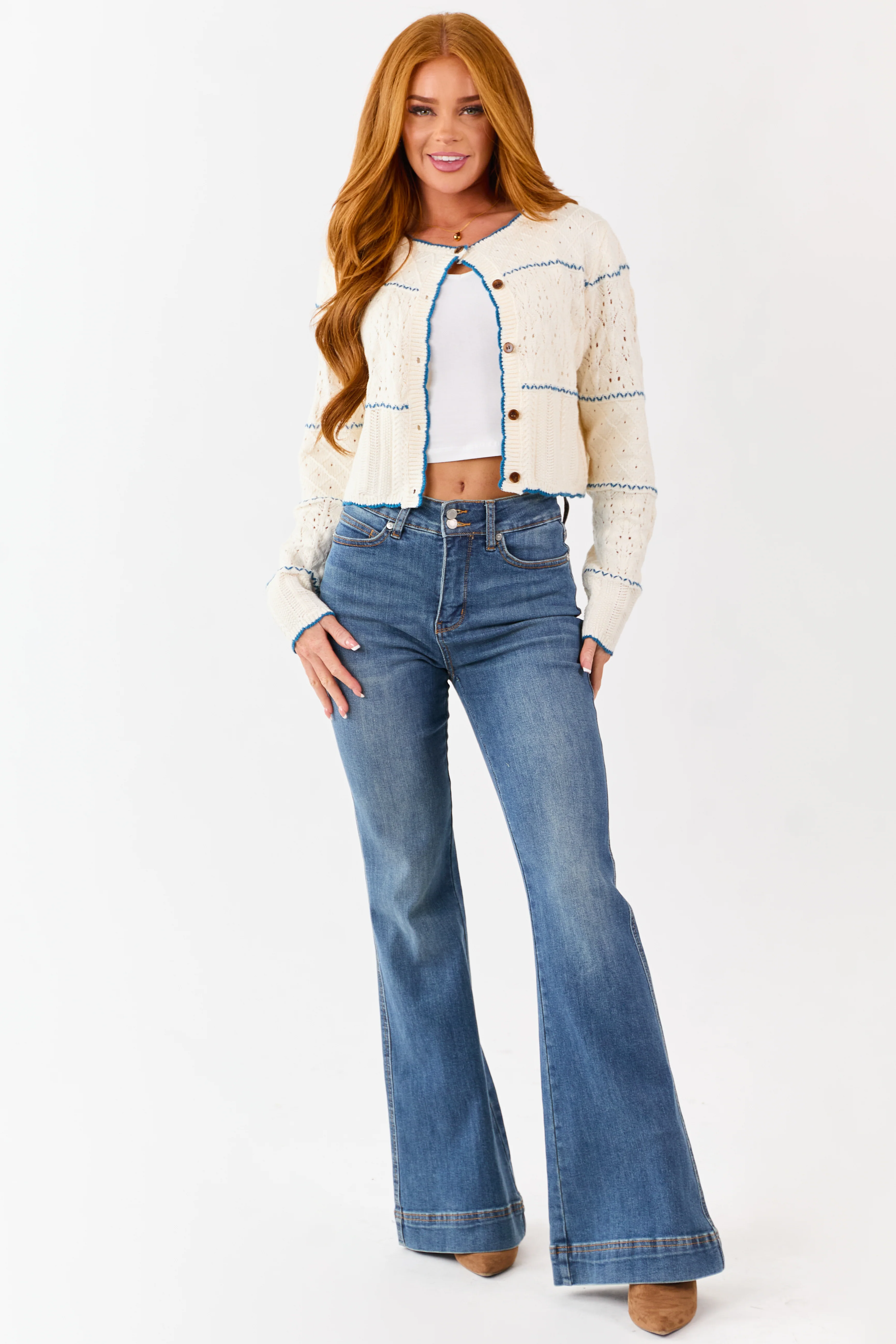 Cream Contrast Stitch Pointelle Button Up Cardigan - Image 4