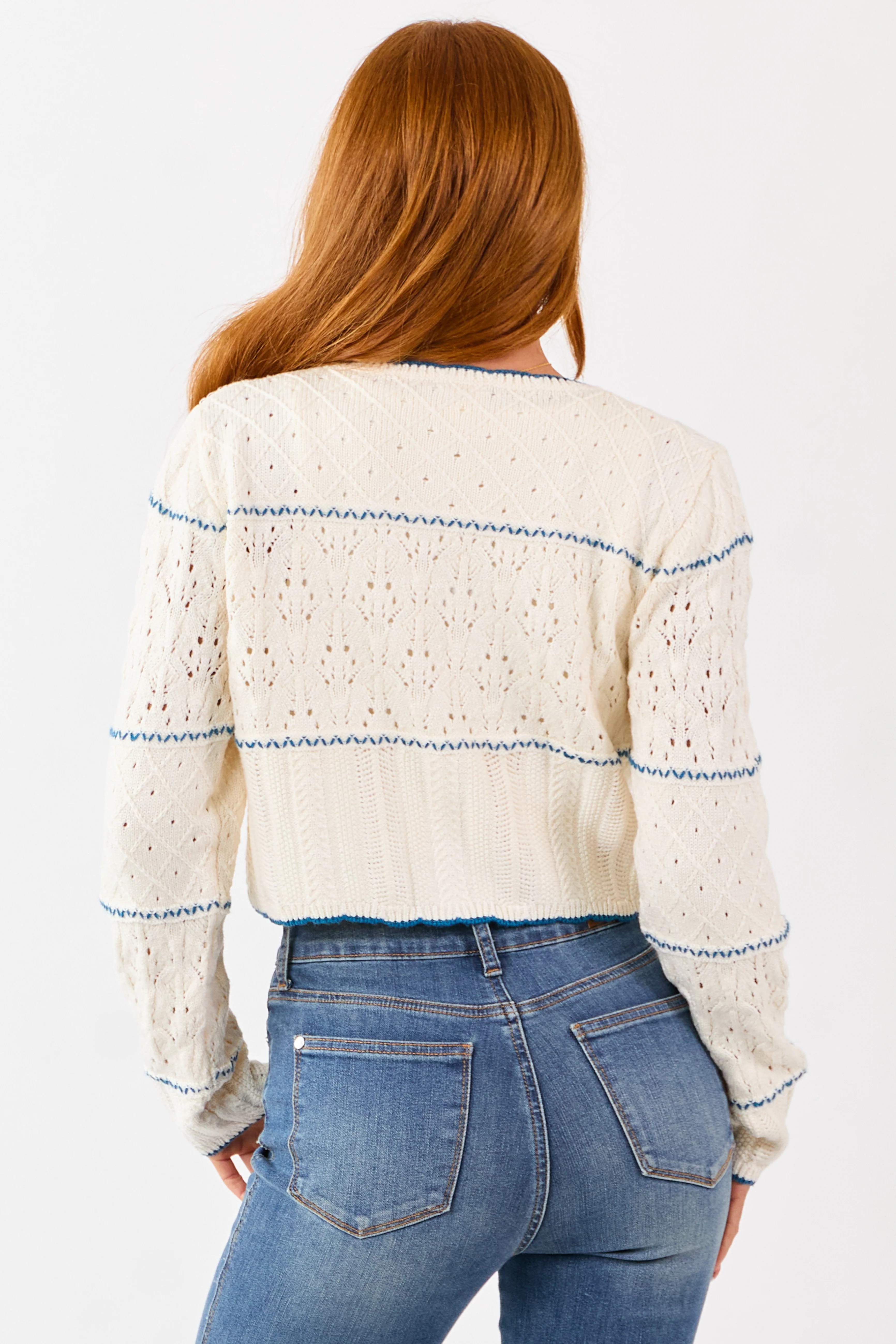 Cream Contrast Stitch Pointelle Button Up Cardigan - Image 7