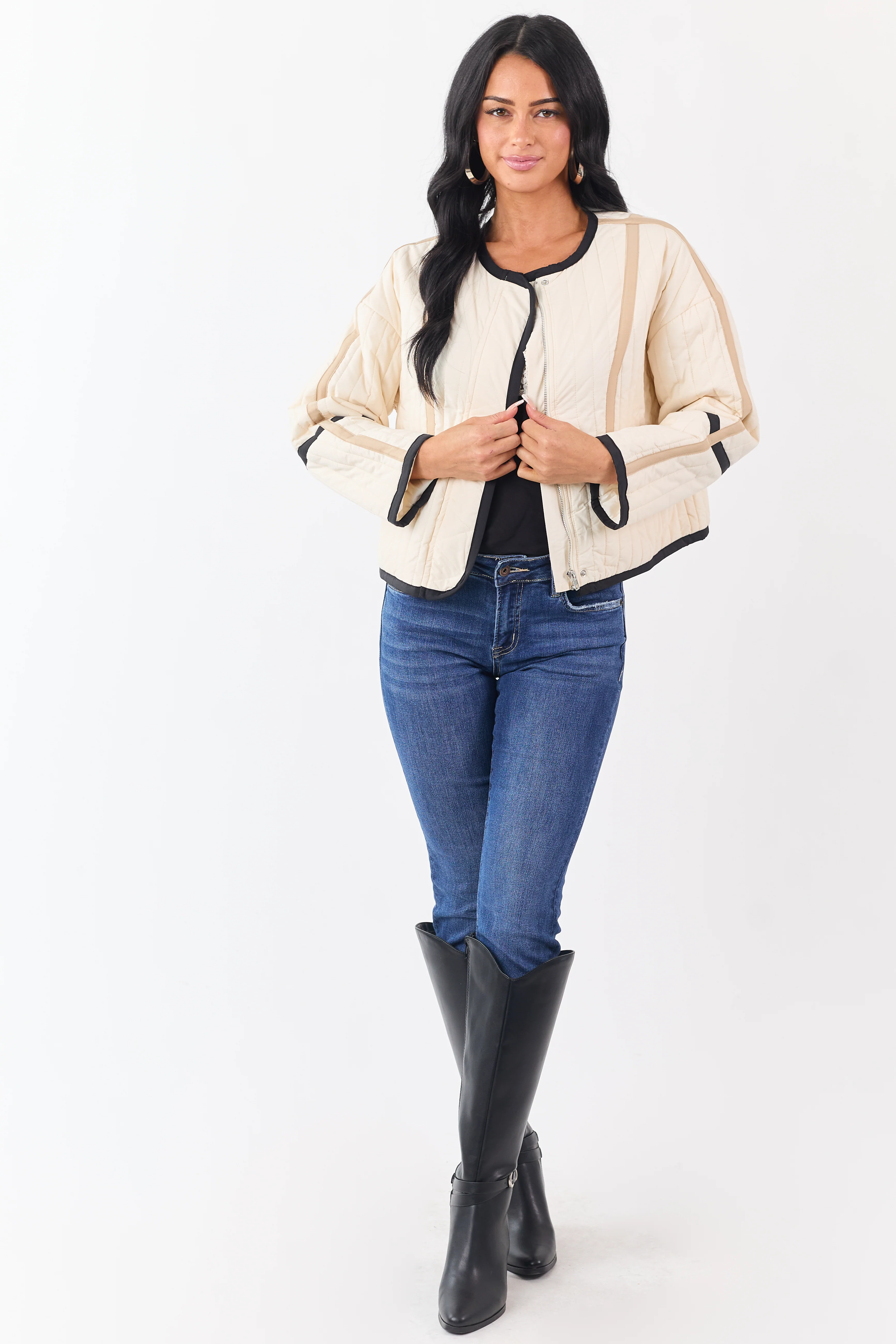Cream Contrast Trim Quilted Zip Up Jacket - Image 3
