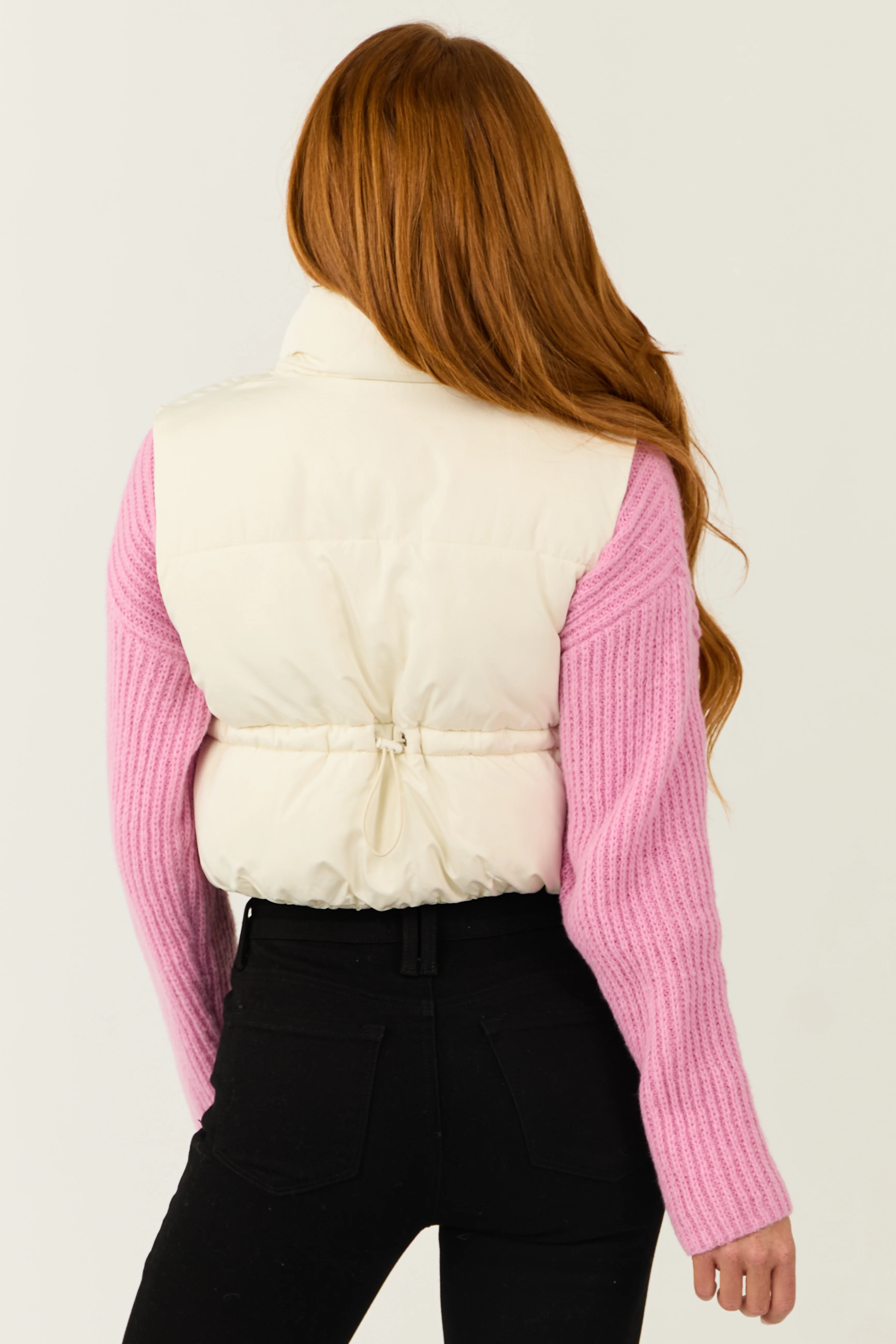 Cream Cropped Zip Up Padded Puffer Vest with Tie - Image 5