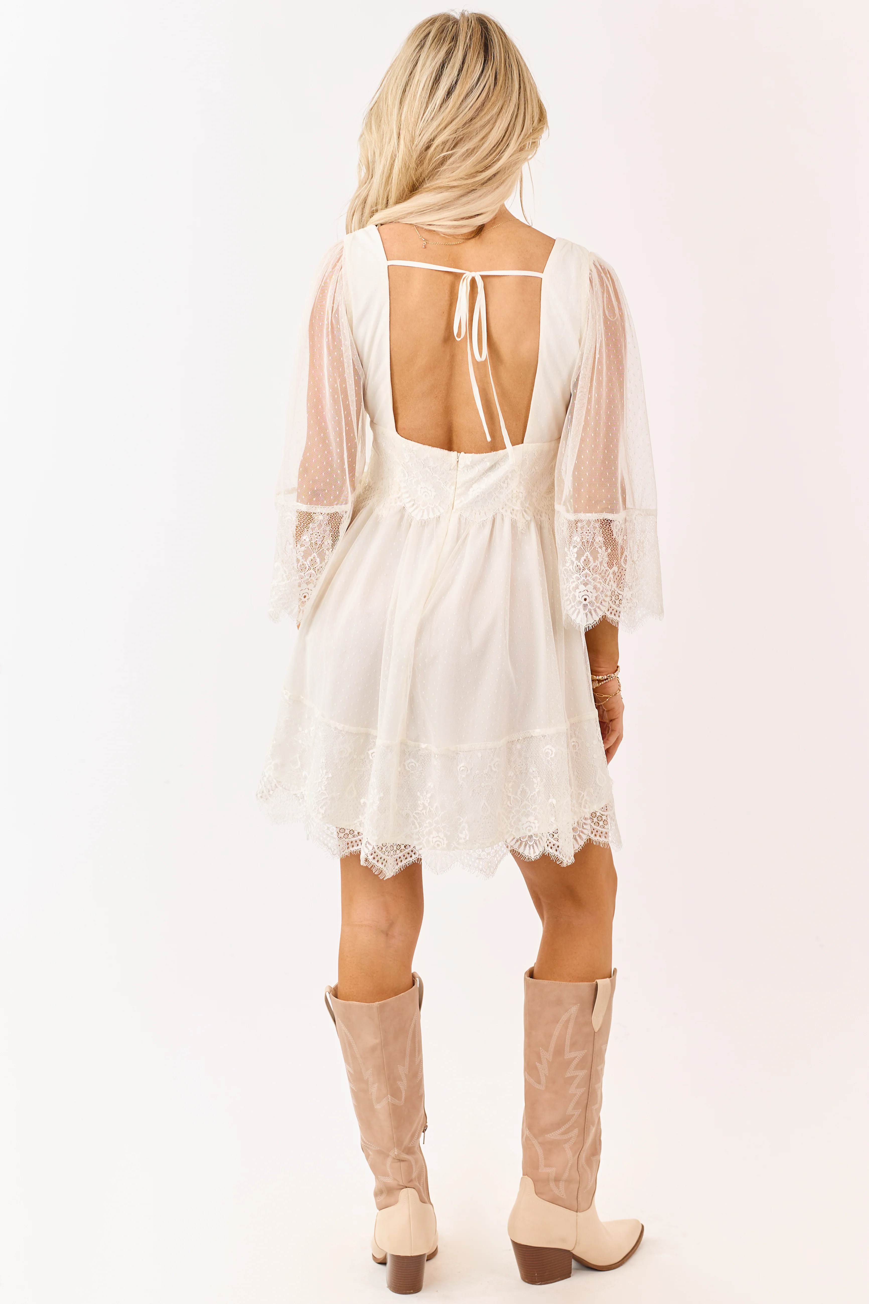 Cream Dotted Lace Open Back Long Sleeve Mini Dress - Image 6