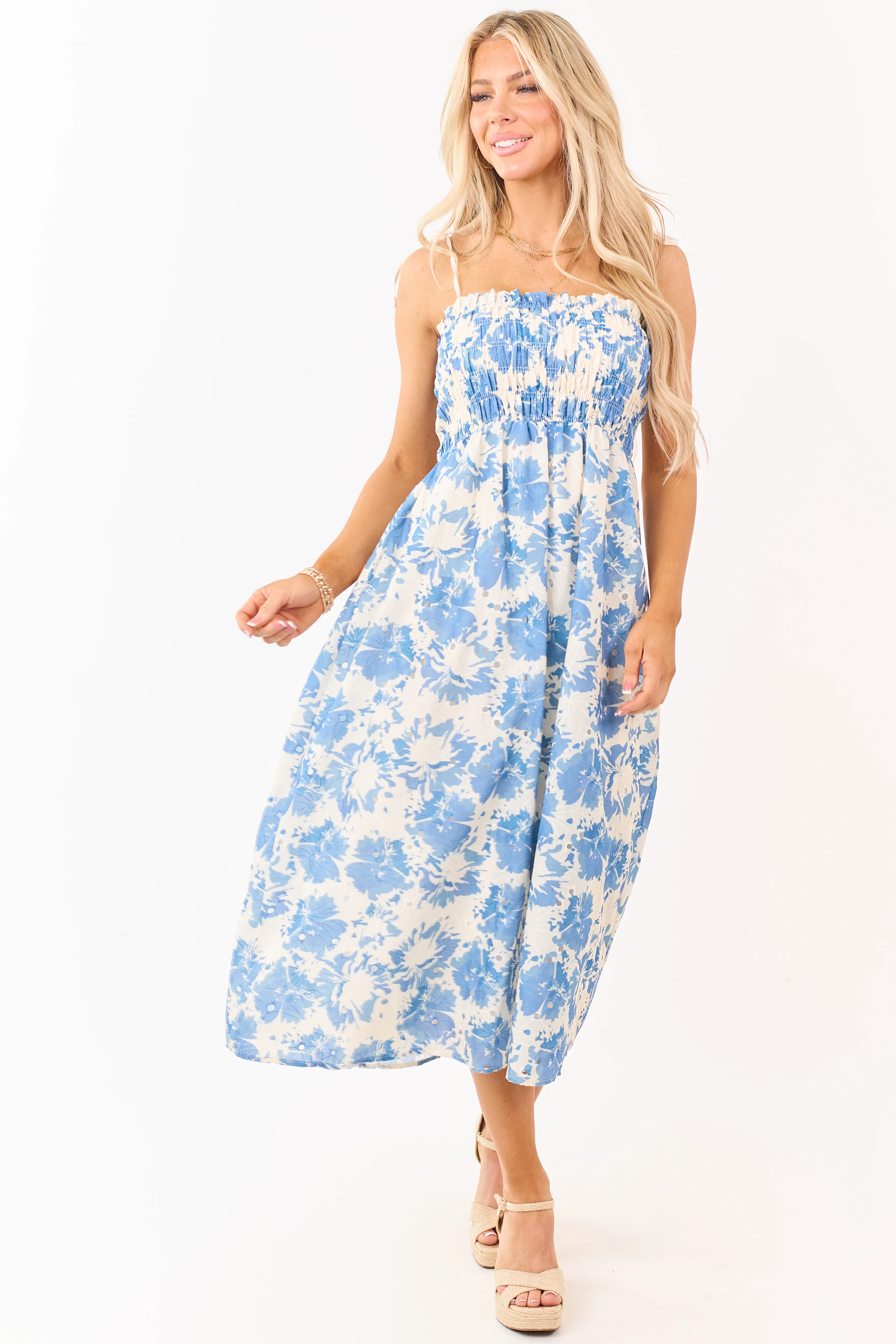 Cream Eyelet Floral Print Smocked Midi Dress - Image 3