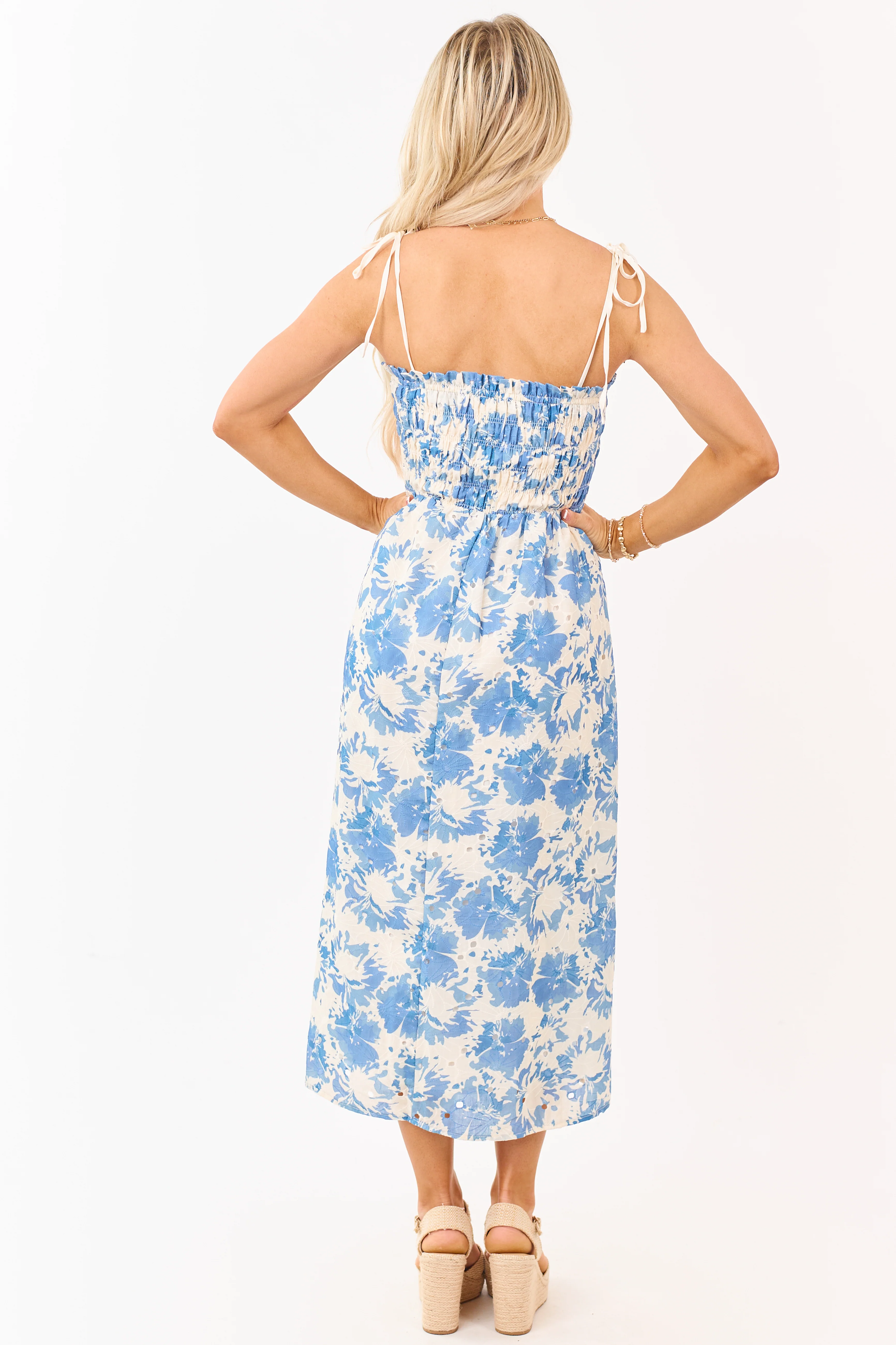 Cream Eyelet Floral Print Smocked Midi Dress - Image 5