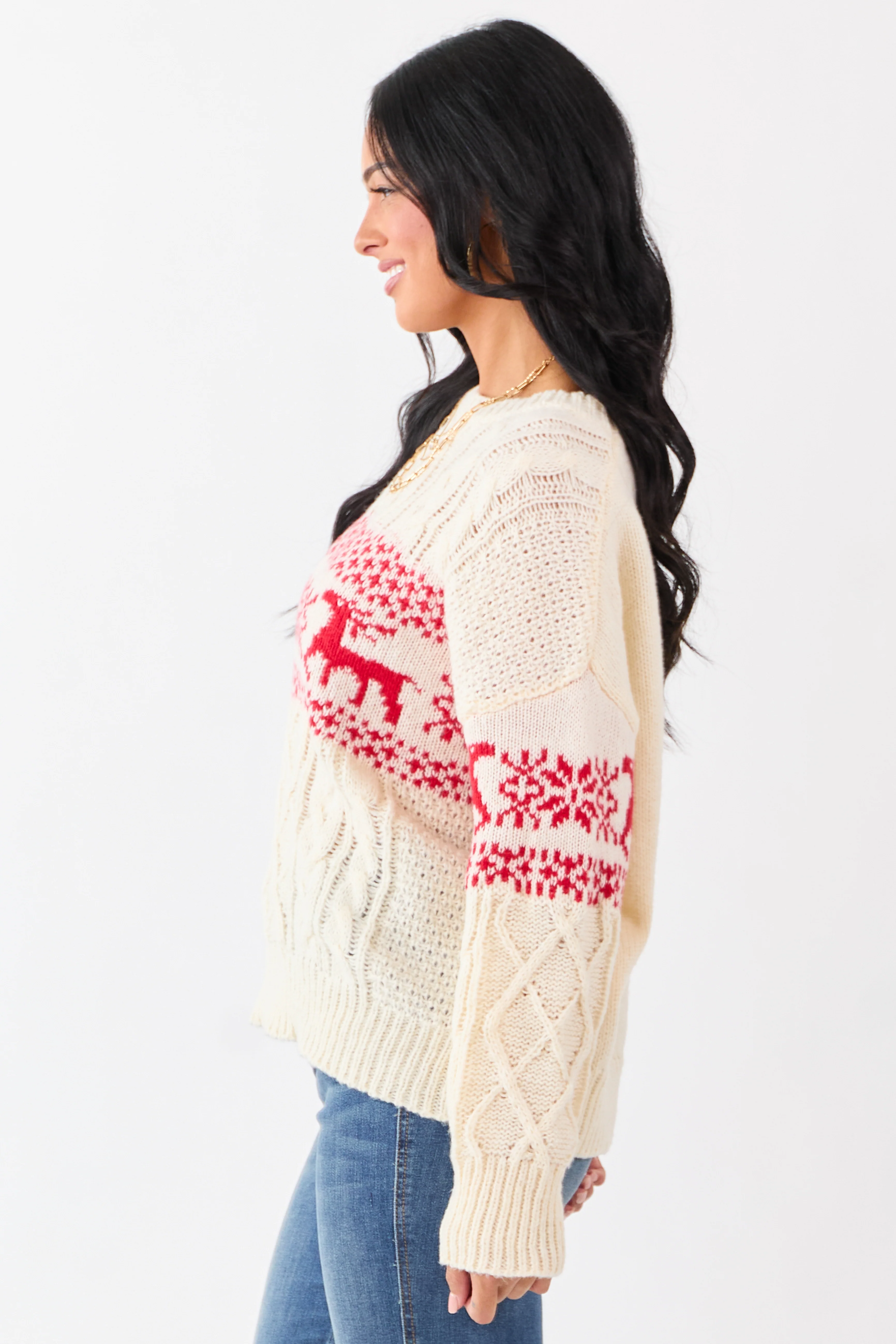 Cream Fair Isle Holiday Pattern Cable Knit Sweater - Image 4